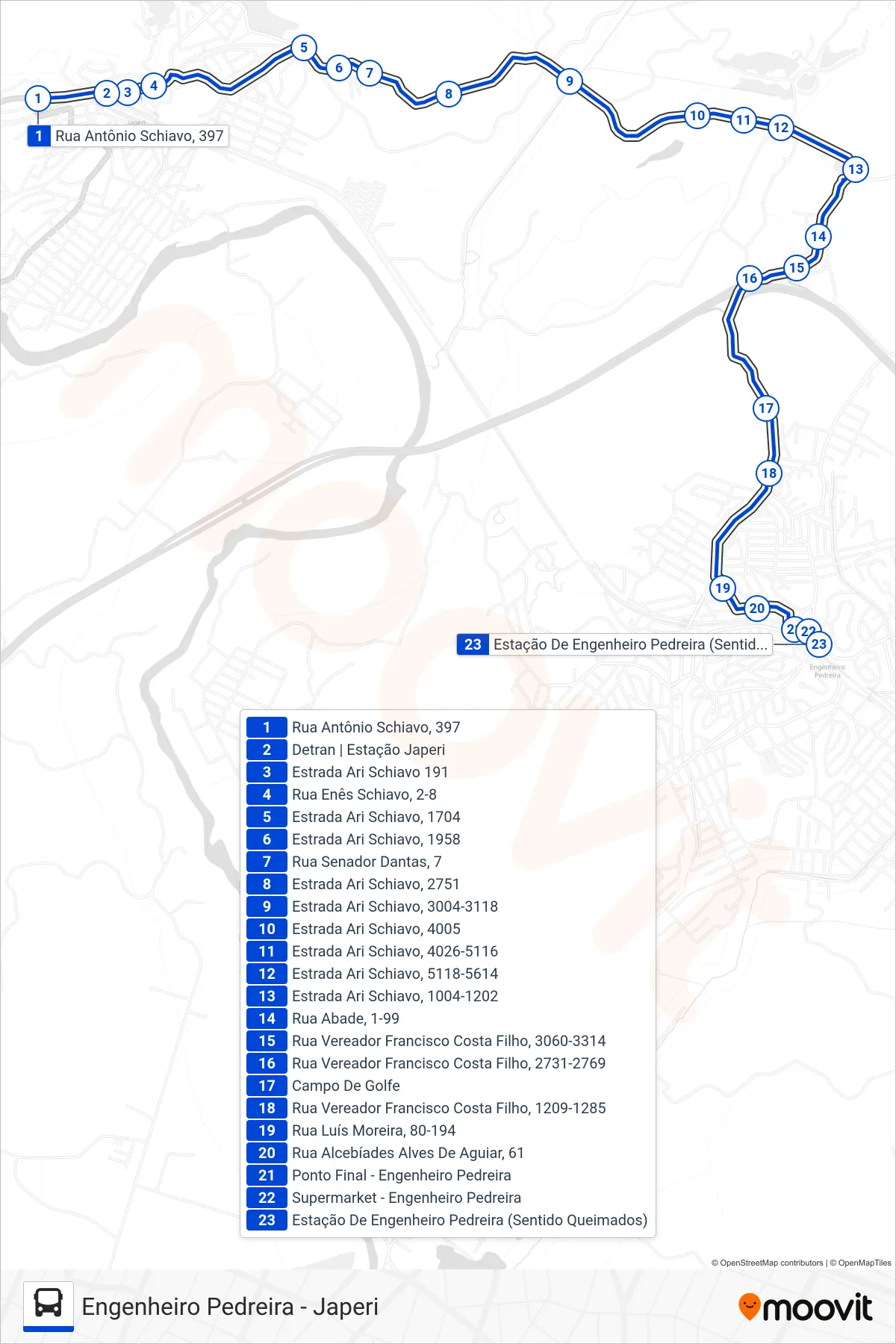 Rota e paradas da linha de ônibus TZ50 (Engenheiro Pedreira) no mapa