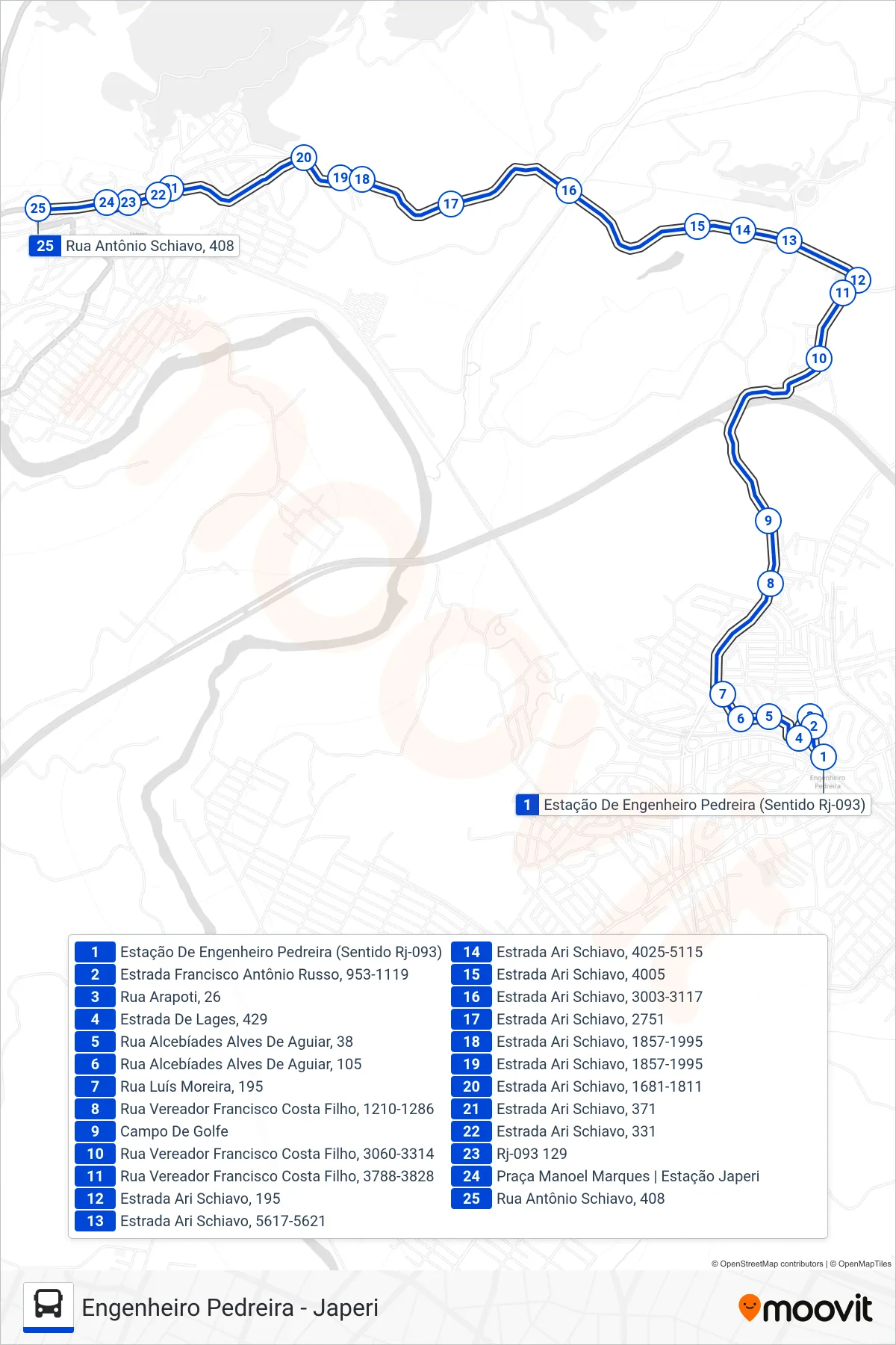 Rota e paradas da linha de ônibus TZ50 (Japeri) no mapa