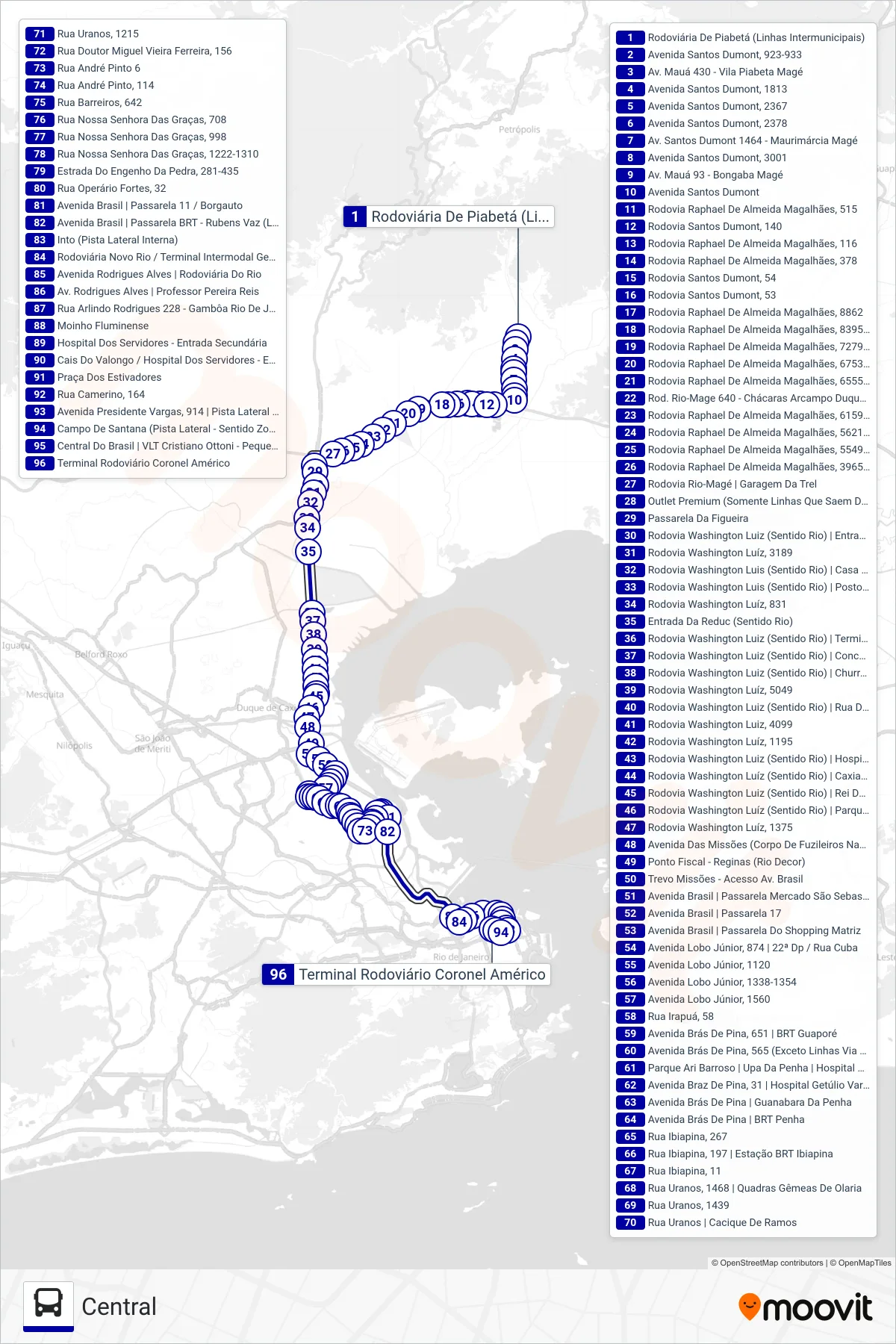 448C bus Line (Central) route and stops on a map