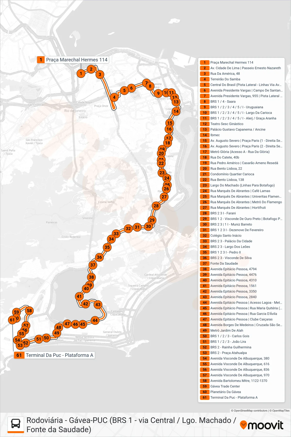 Rota e paradas da linha de ônibus 157 (Gávea - PUC) no mapa