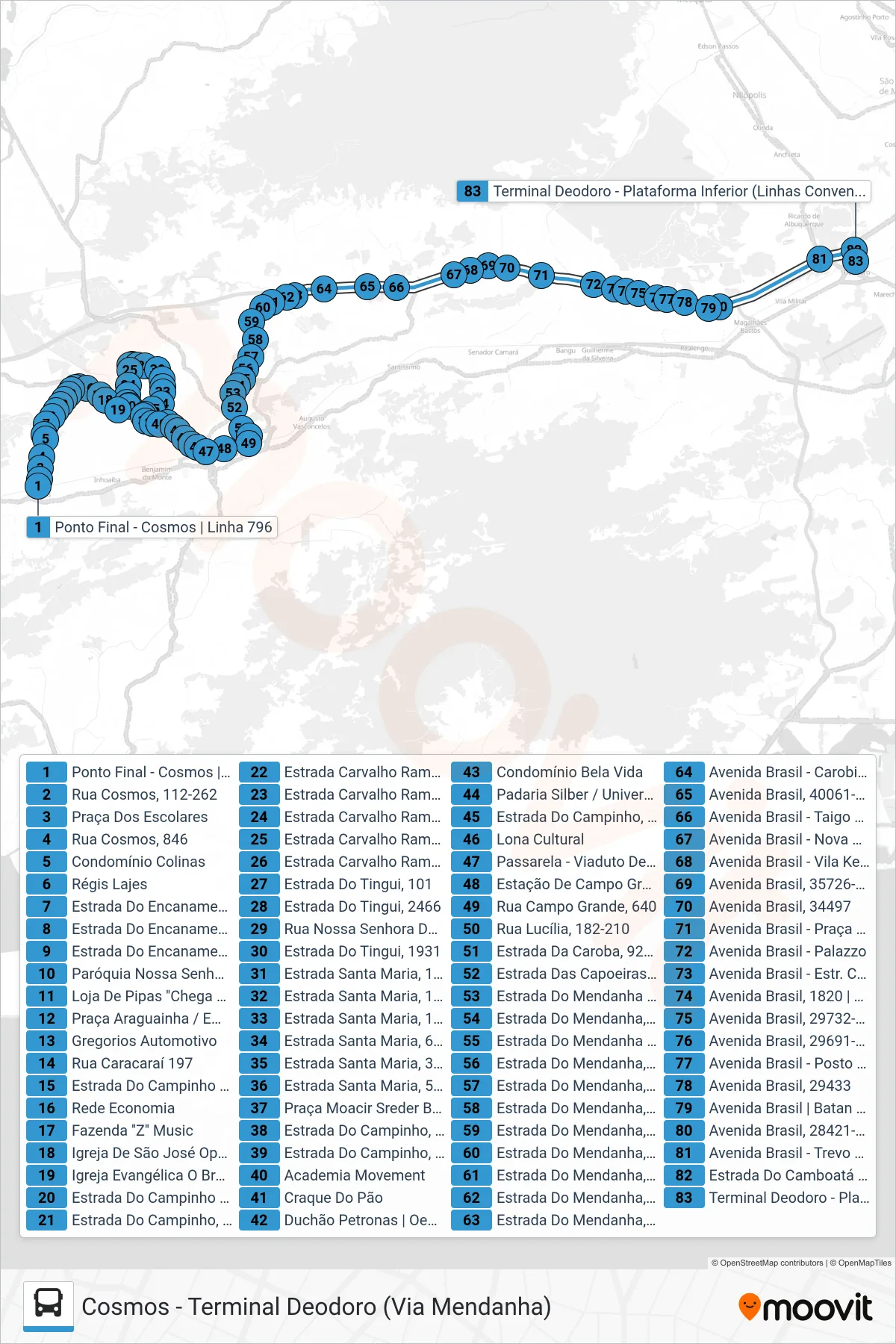 Rota e paradas da linha de ônibus 796 (Deodoro) no mapa