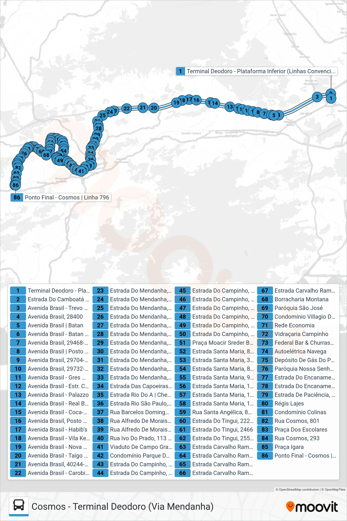 Rota e paradas da linha de ônibus 796 (Cosmos) no mapa