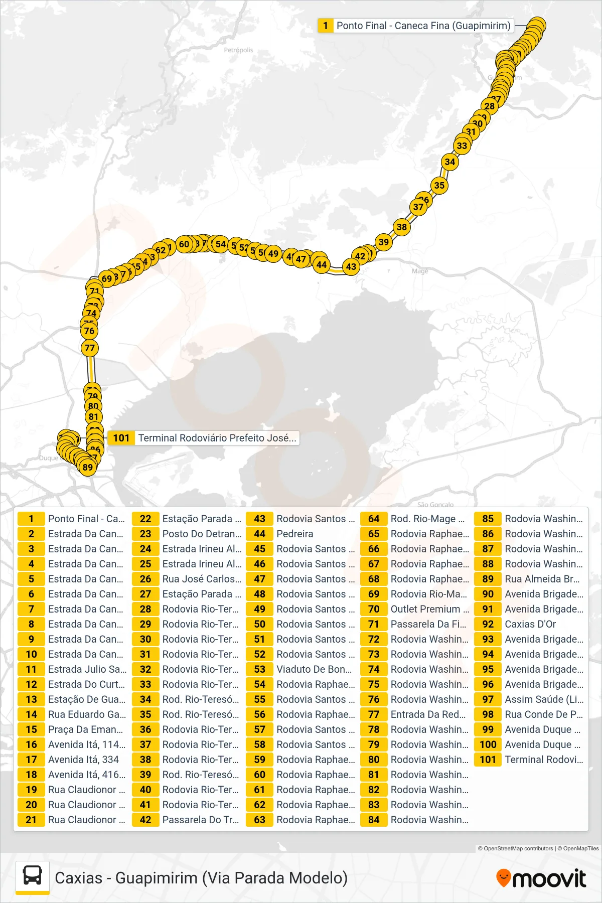 Rota e paradas da linha de ônibus MB16 (Caxias) no mapa