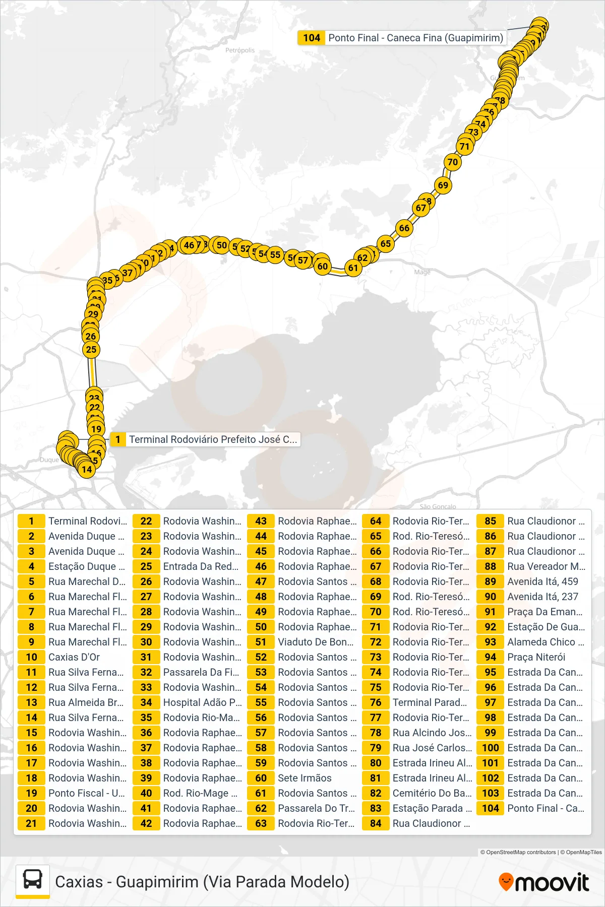 Rota e paradas da linha de ônibus MB16 (Guapimirim) no mapa