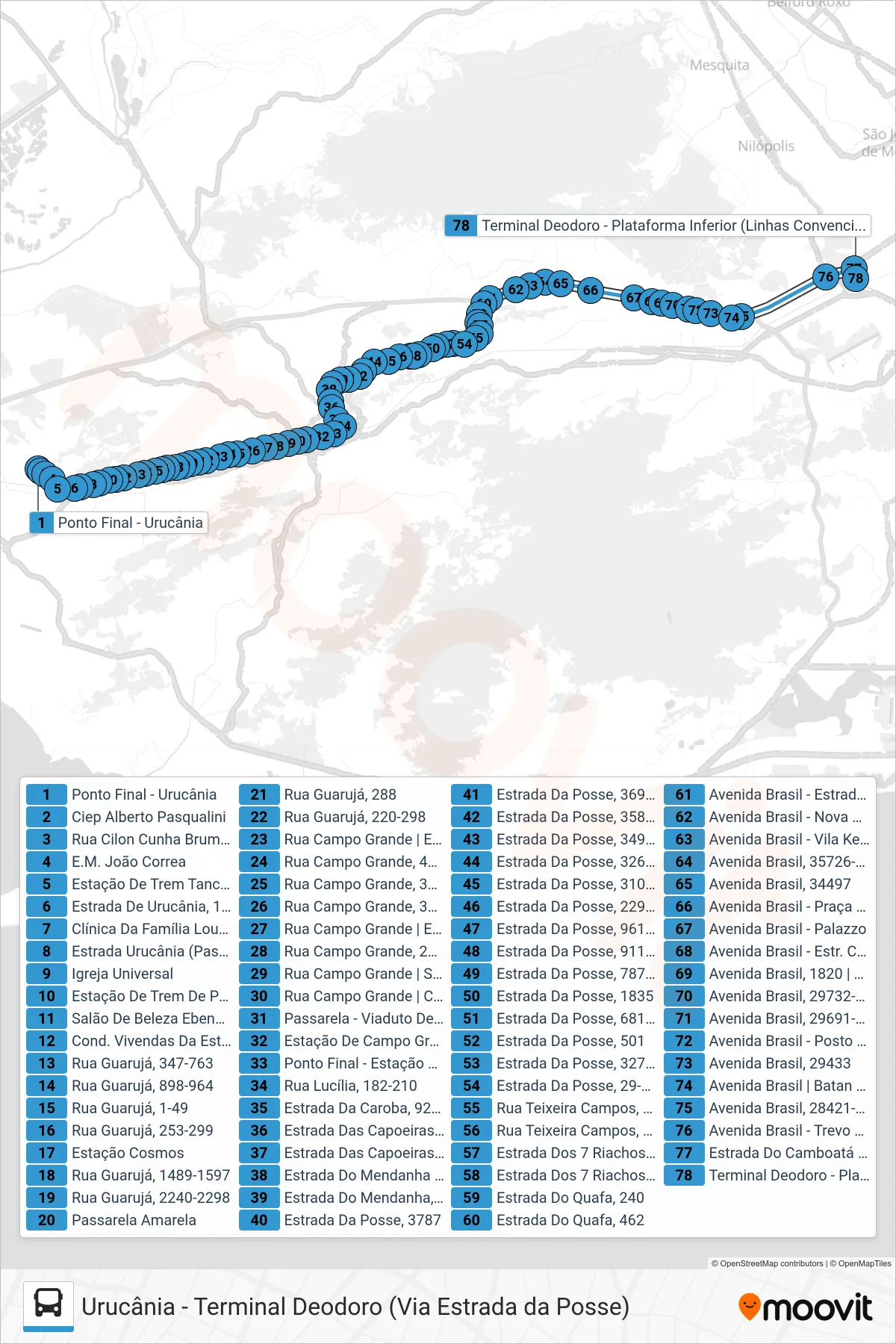 Rota e paradas da linha de ônibus 798 (Deodoro) no mapa