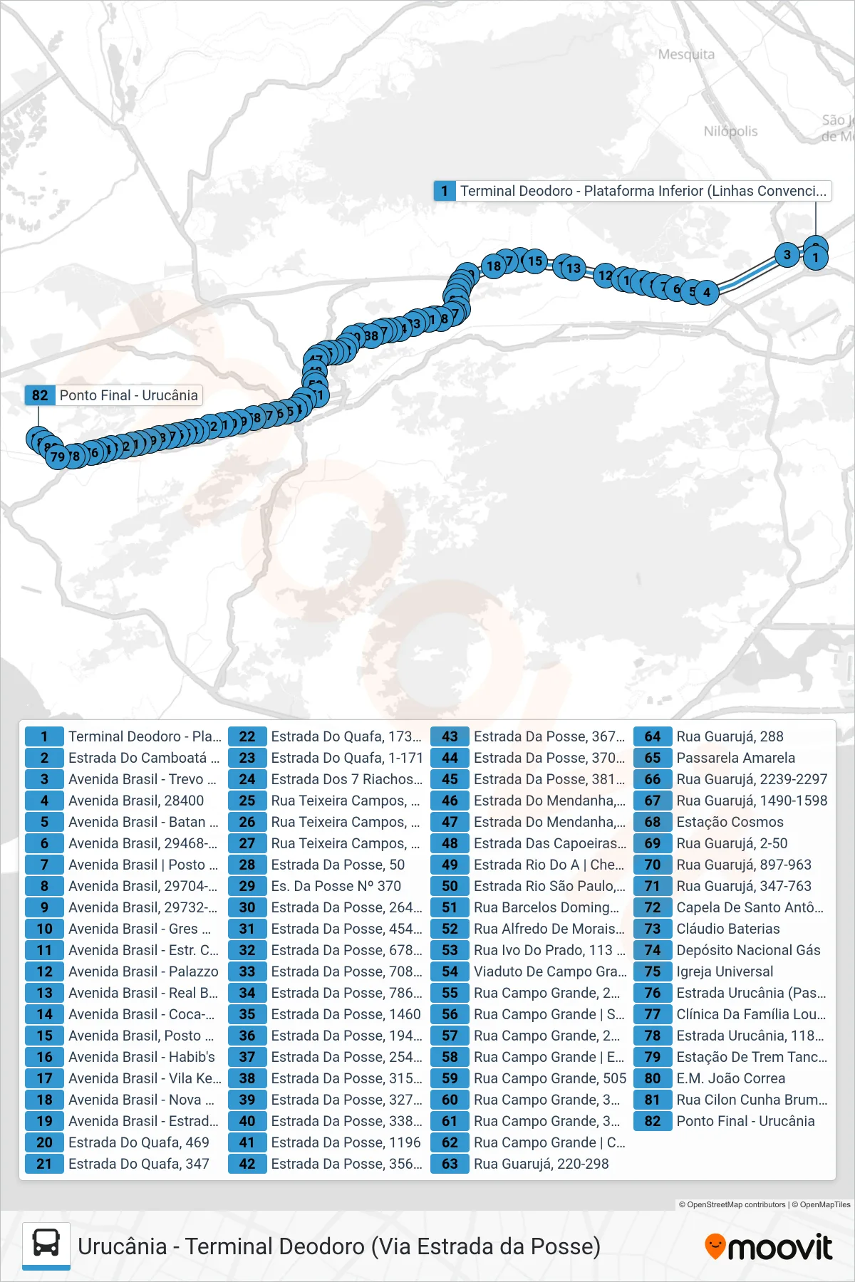 Rota e paradas da linha de ônibus 798 (Urucânia) no mapa
