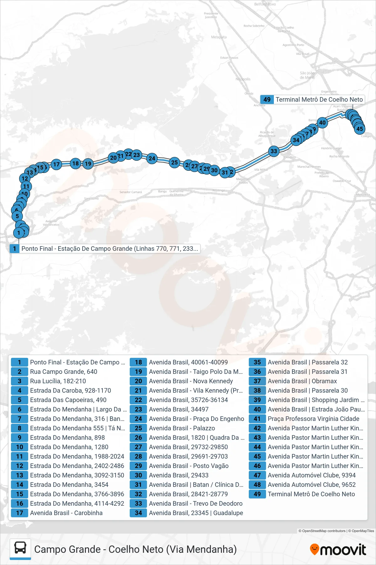 Rota e paradas da linha de ônibus 770 (Coelho Neto) no mapa