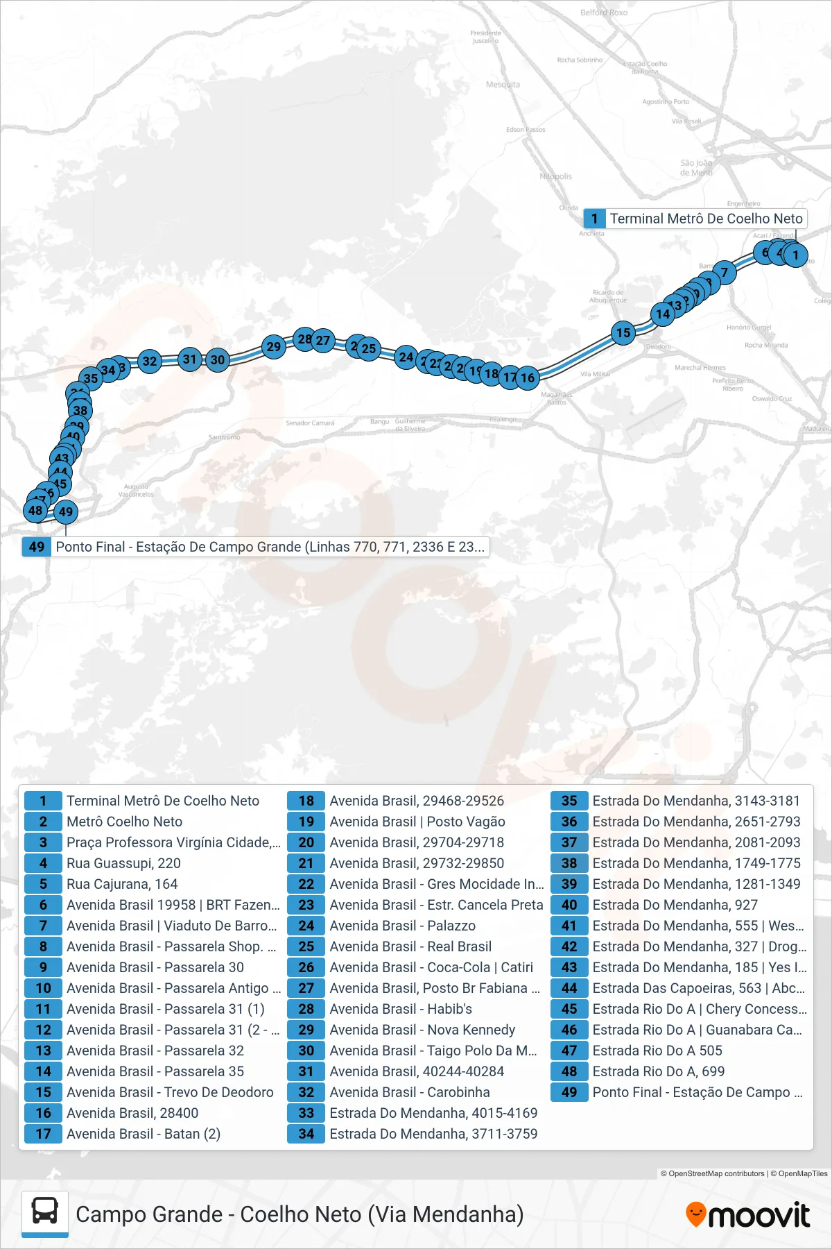 Rota e paradas da linha de ônibus 770 (Campo Grande) no mapa