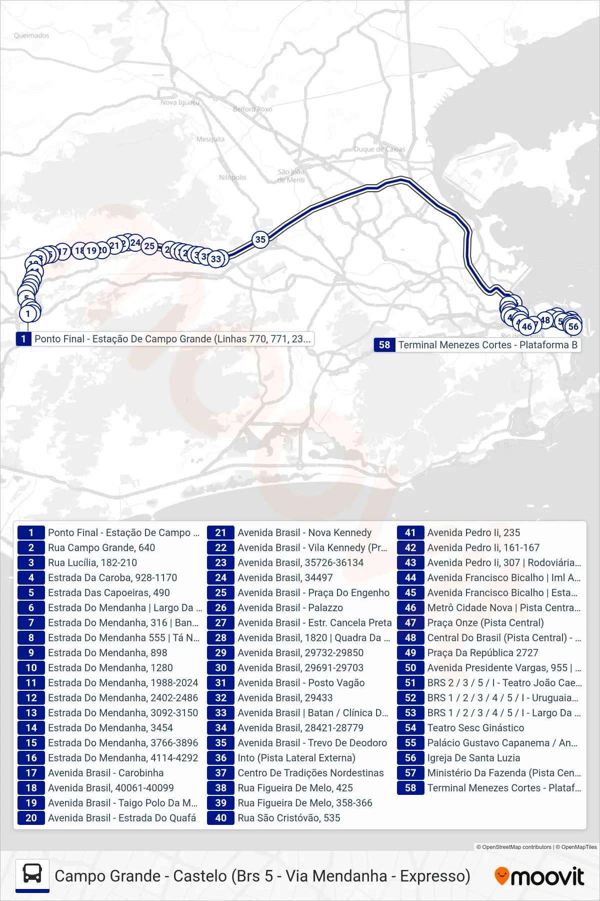 Rota e paradas da linha de ônibus 2336 (Castelo) no mapa