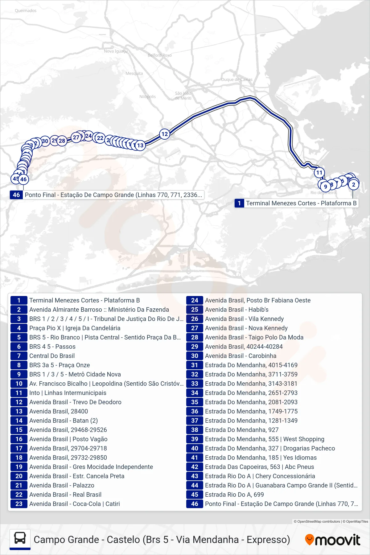 Rota e paradas da linha de ônibus 2336 (Campo Grande) no mapa