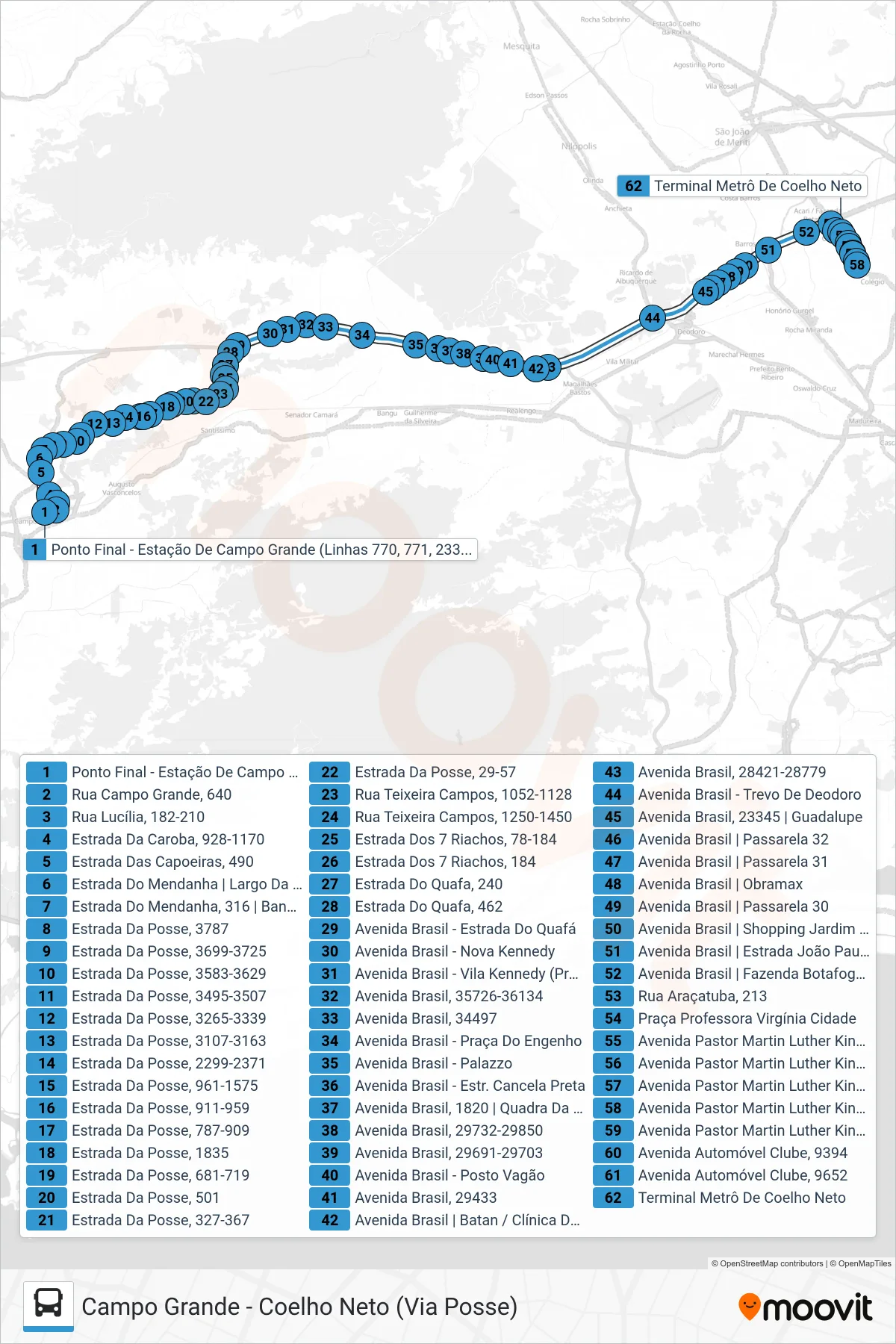 Rota e paradas da linha de ônibus 771 (Coelho Neto) no mapa