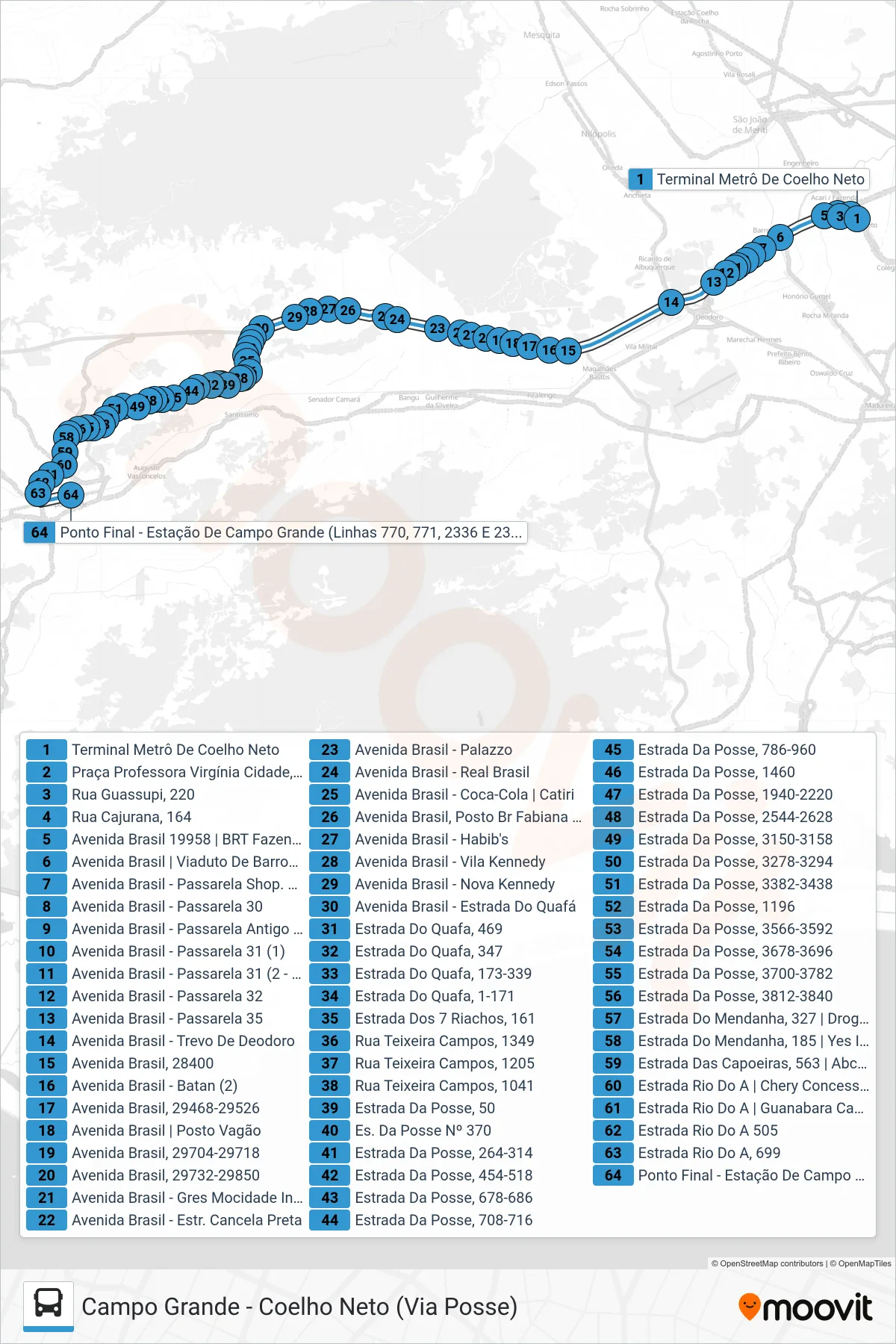 Rota e paradas da linha de ônibus 771 (Campo Grande) no mapa