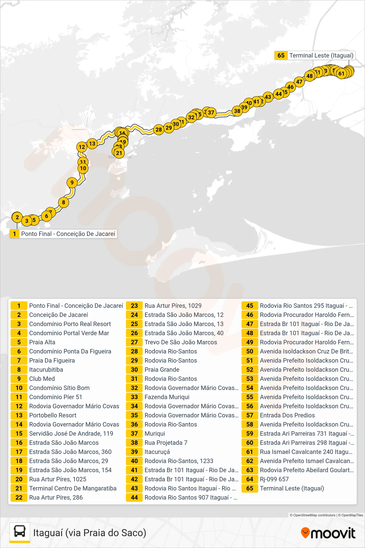Rota e paradas da linha de ônibus 457U (Itaguaí (via Praia do Saco)) no mapa