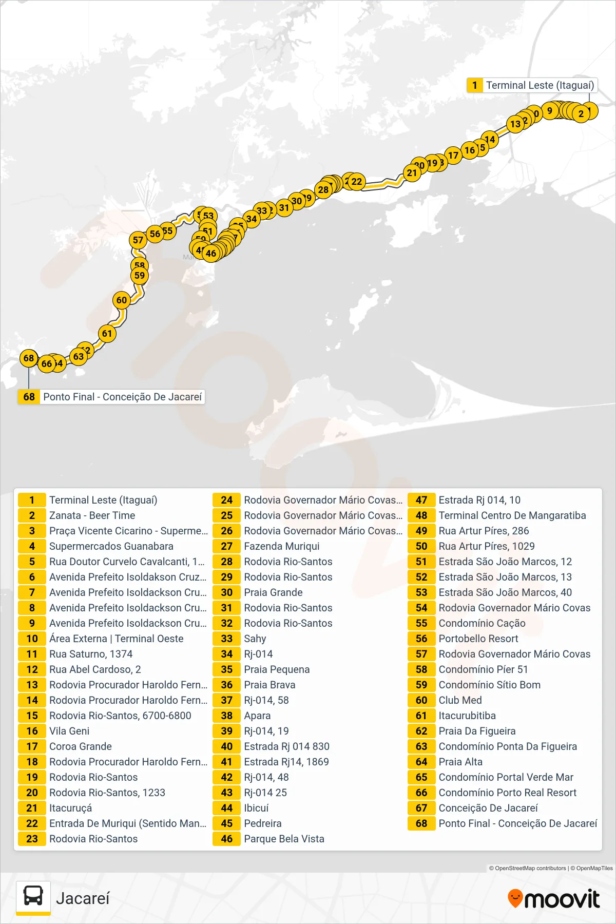 Rota e paradas da linha de ônibus 457U (Jacareí) no mapa