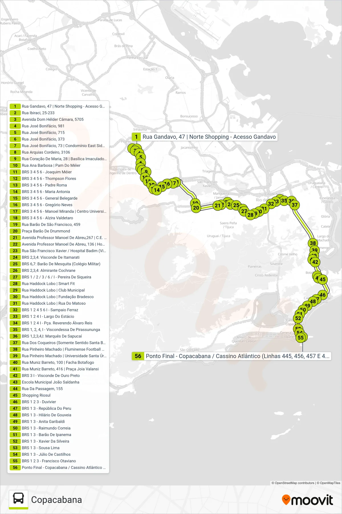 Rota e paradas da linha de ônibus 456 (Copacabana) no mapa
