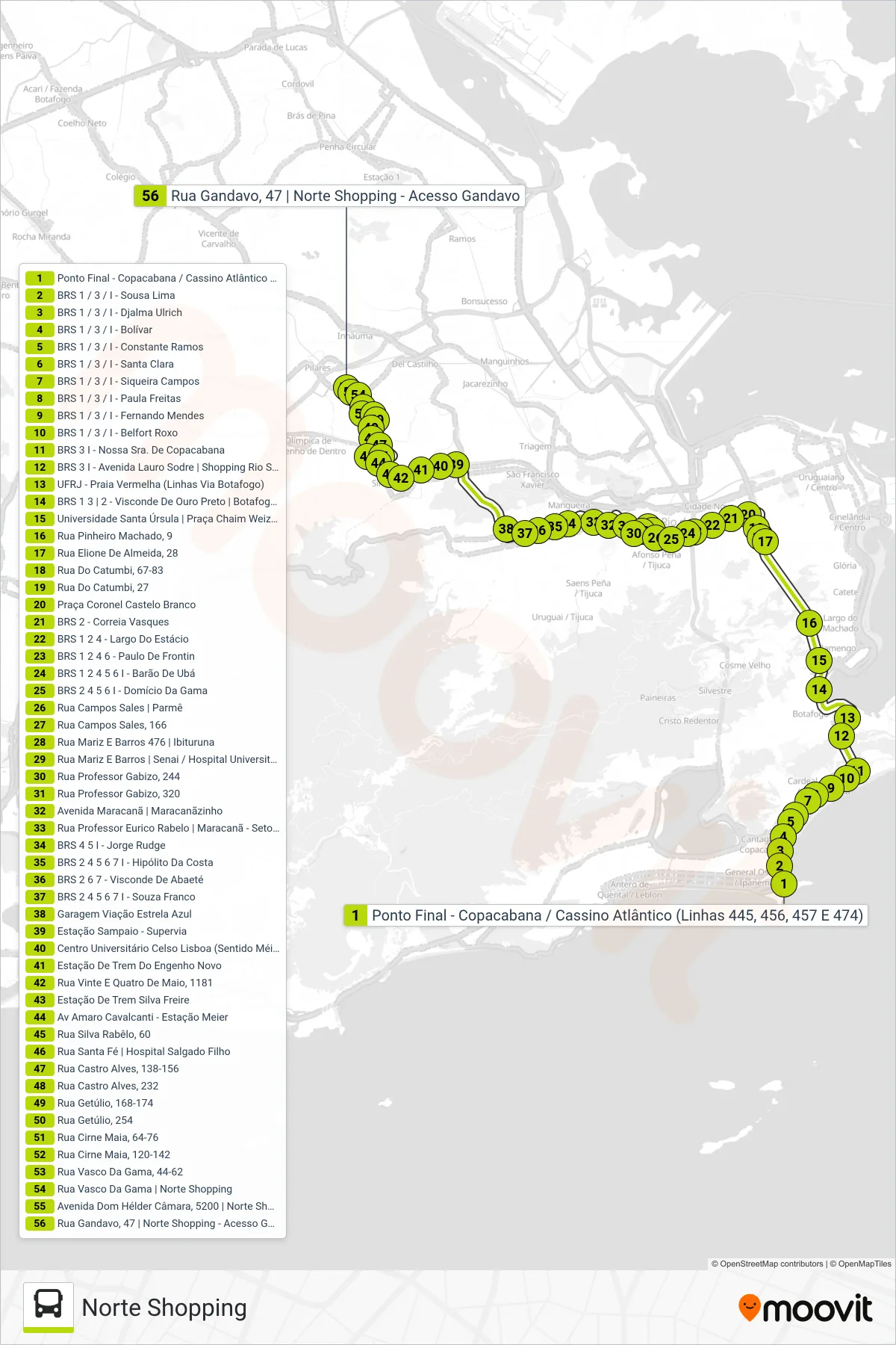 Rota e paradas da linha de ônibus 456 (Norte Shopping) no mapa