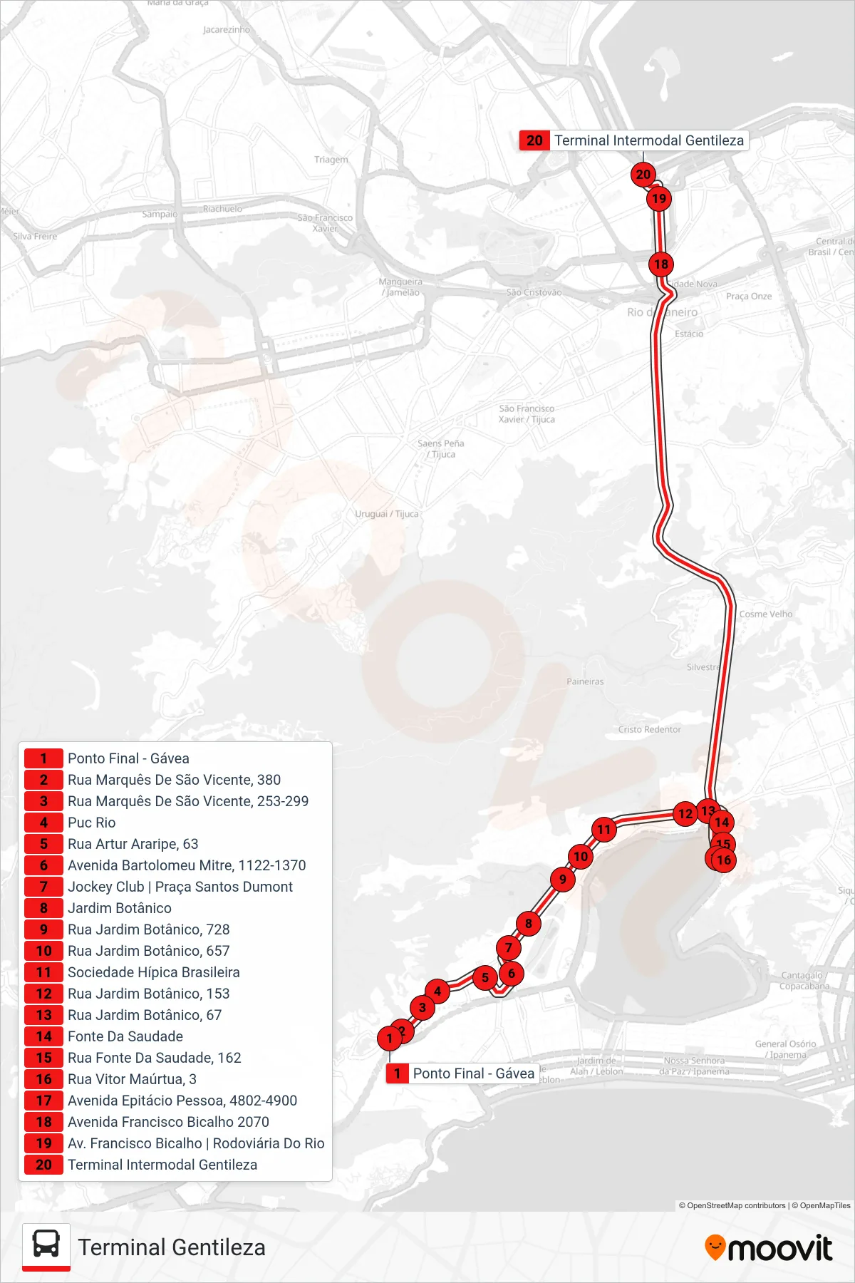 Rota e paradas da linha de ônibus 162 (Terminal Gentileza) no mapa
