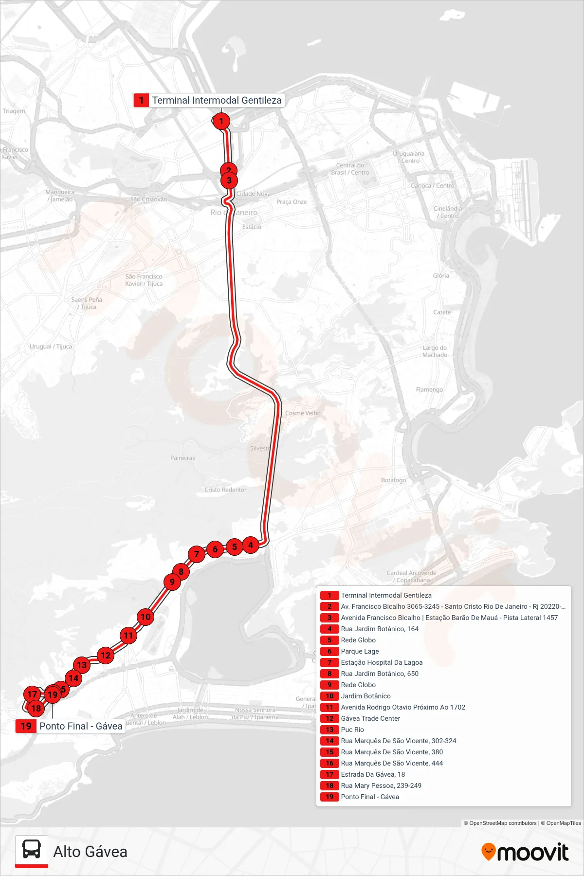 Rota e paradas da linha de ônibus 162 (Alto Gávea) no mapa