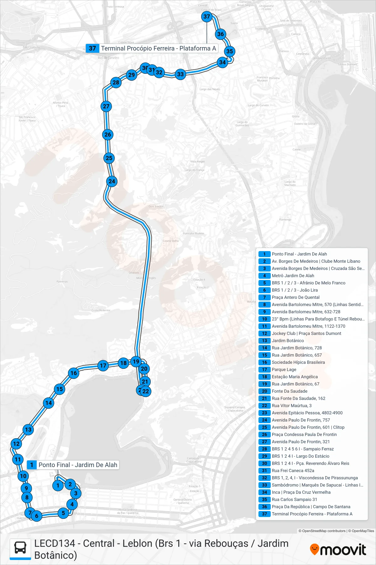 Rota e paradas da linha de ônibus 111 (Central) no mapa