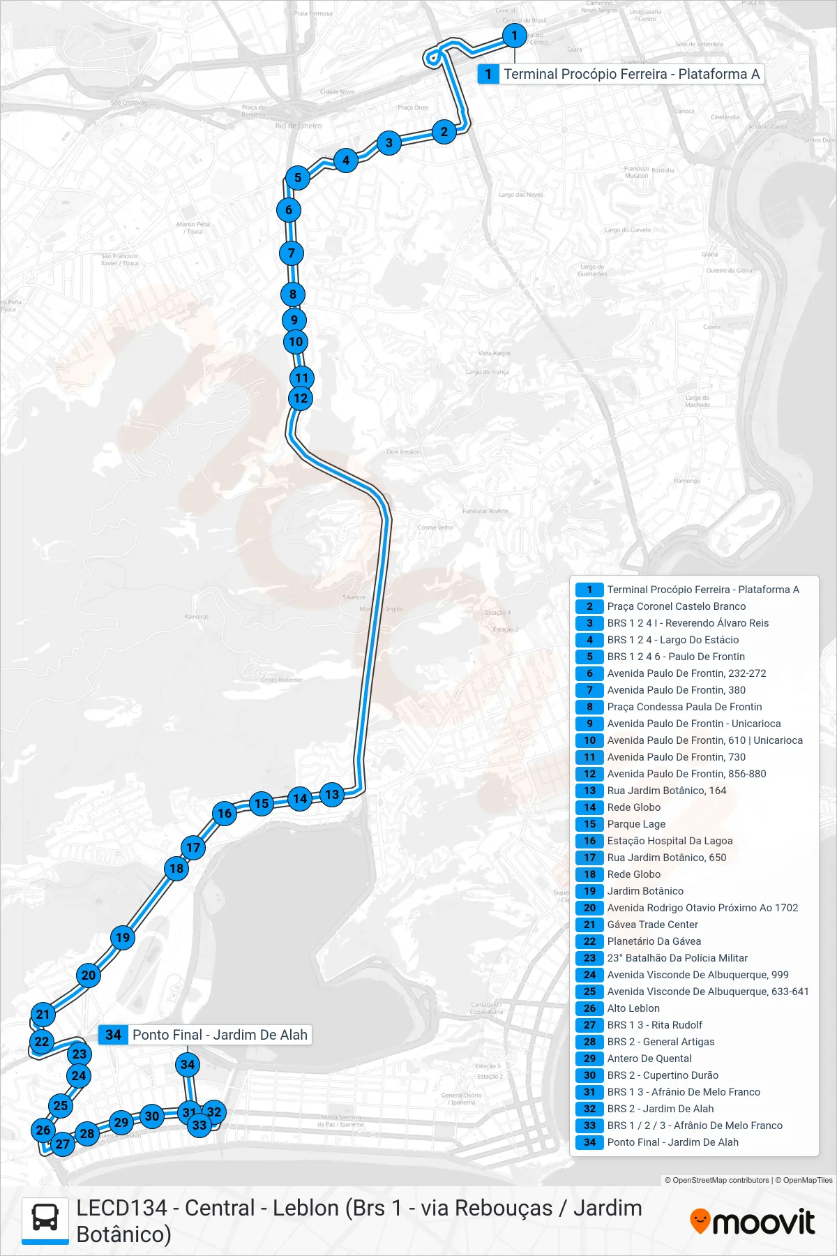 Rota e paradas da linha de ônibus 111 (Leblon (Jardim de Alah)) no mapa