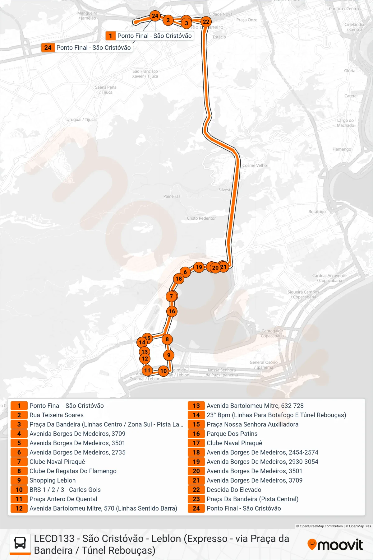 Rota e paradas da linha de ônibus 475 (São Cristóvão ↔ Leblon) no mapa