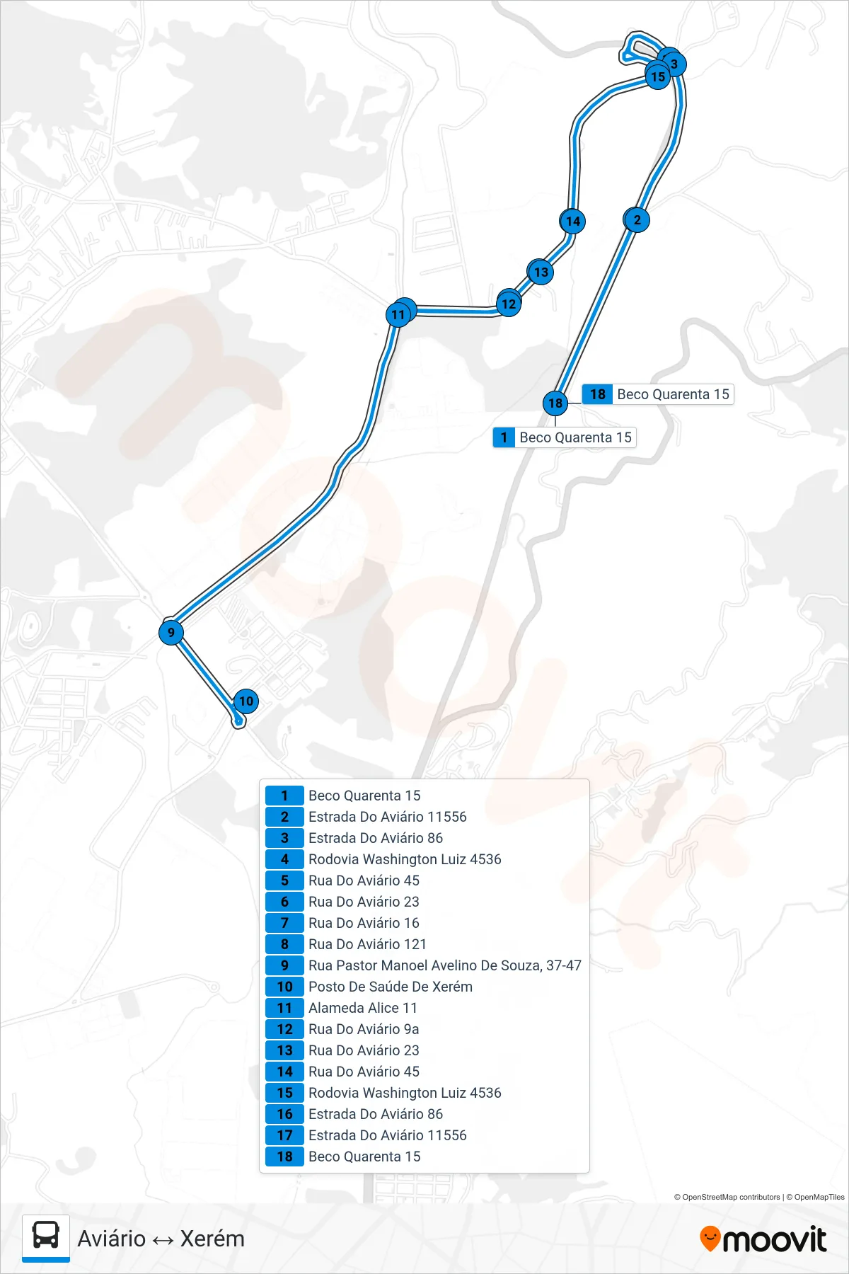 Rota e paradas da linha de ônibus TZ02 (Aviário ↔ Xerém) no mapa