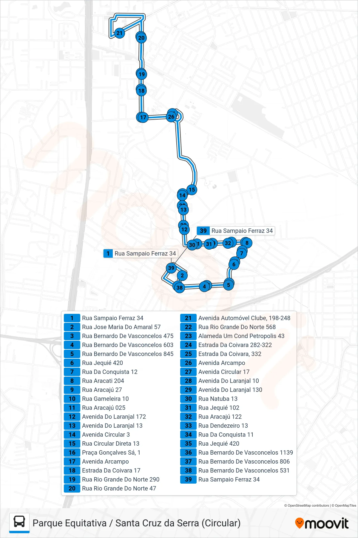 Rota e paradas da linha de ônibus TZ05 (Parque Equitativa / Santa Cruz da Serra (Circular)) no mapa