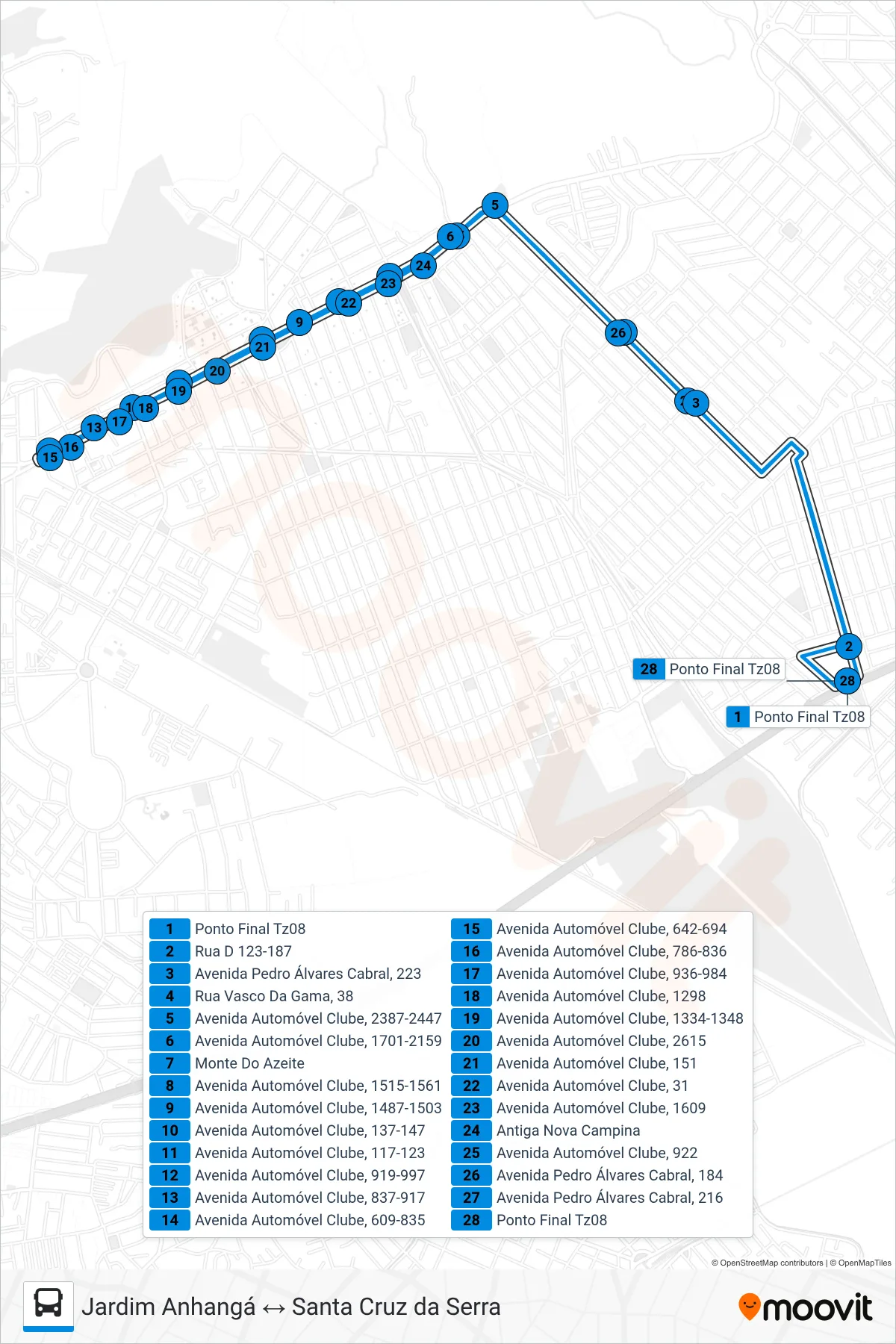 Rota e paradas da linha de ônibus  TZ08  (Santa Cruz da Serra) no mapa