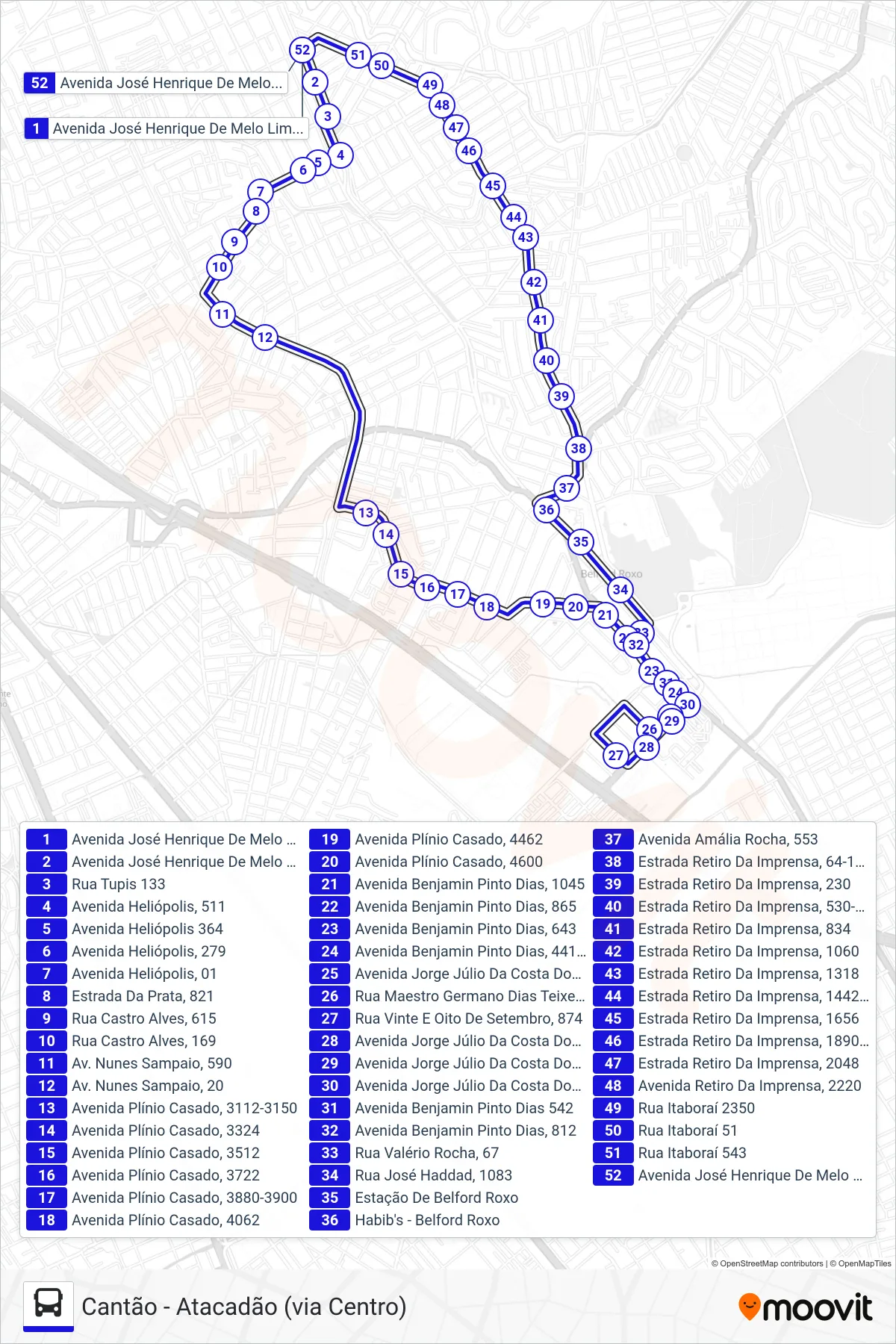 Rota e paradas da linha de ônibus TZ03 (Cantão - Atacadão (via Centro)) no mapa