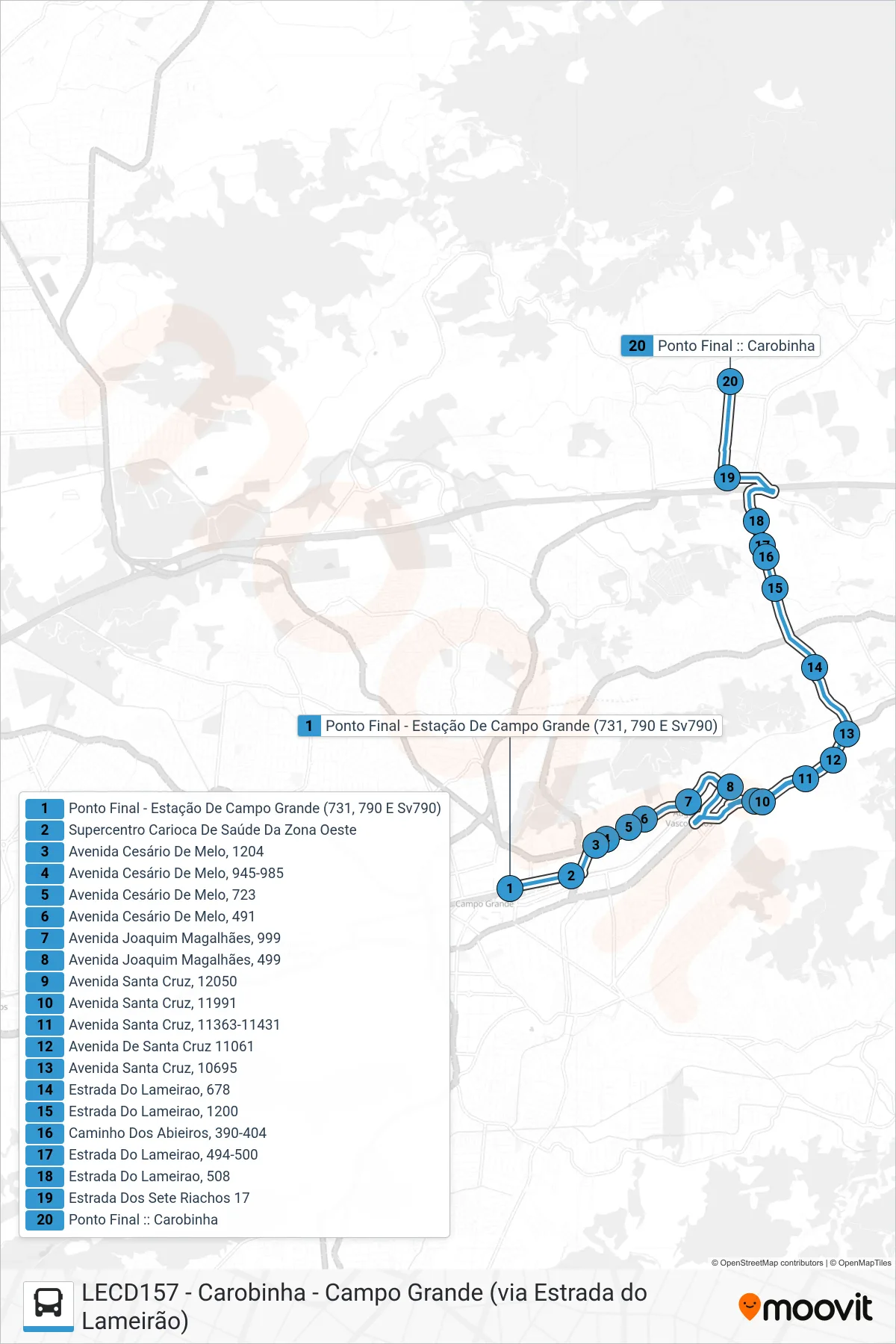 Rota e paradas da linha de ônibus 826 (Carobinha) no mapa