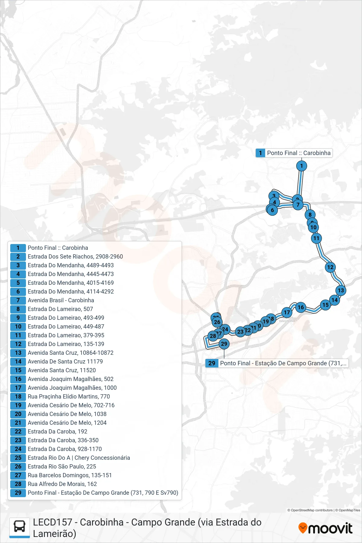 Rota e paradas da linha de ônibus 826 (Campo Grande) no mapa