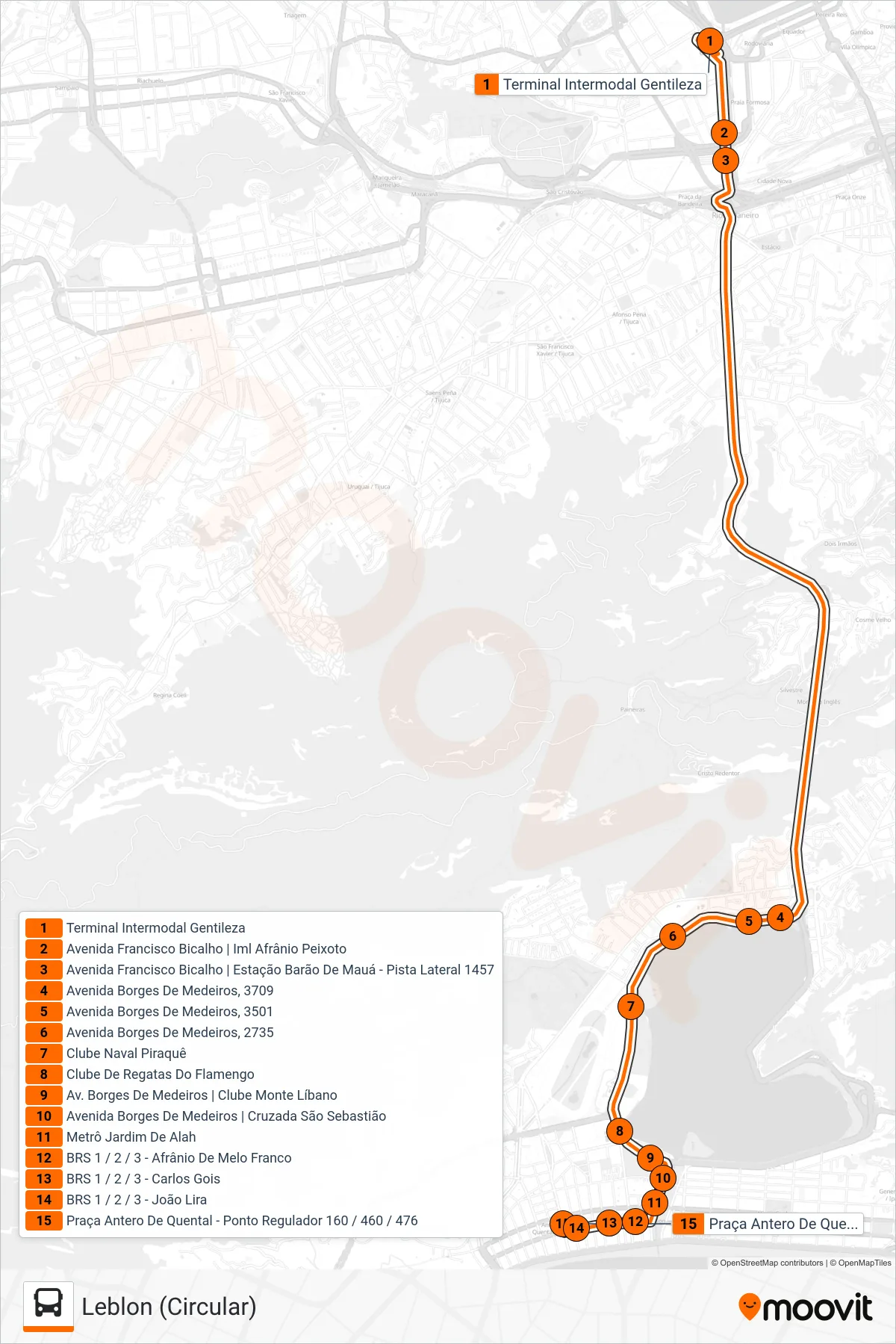Rota e paradas da linha de ônibus 160 (Leblon (Circular)) no mapa
