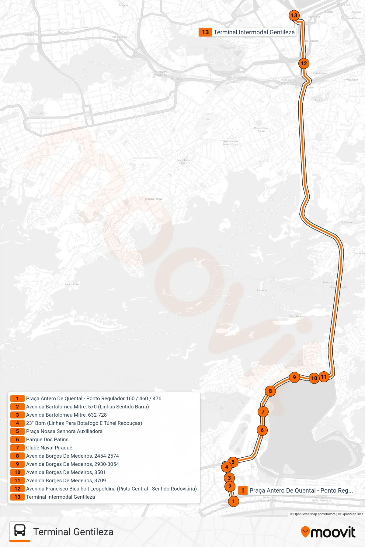 Rota e paradas da linha de ônibus 160 (Terminal Gentileza) no mapa