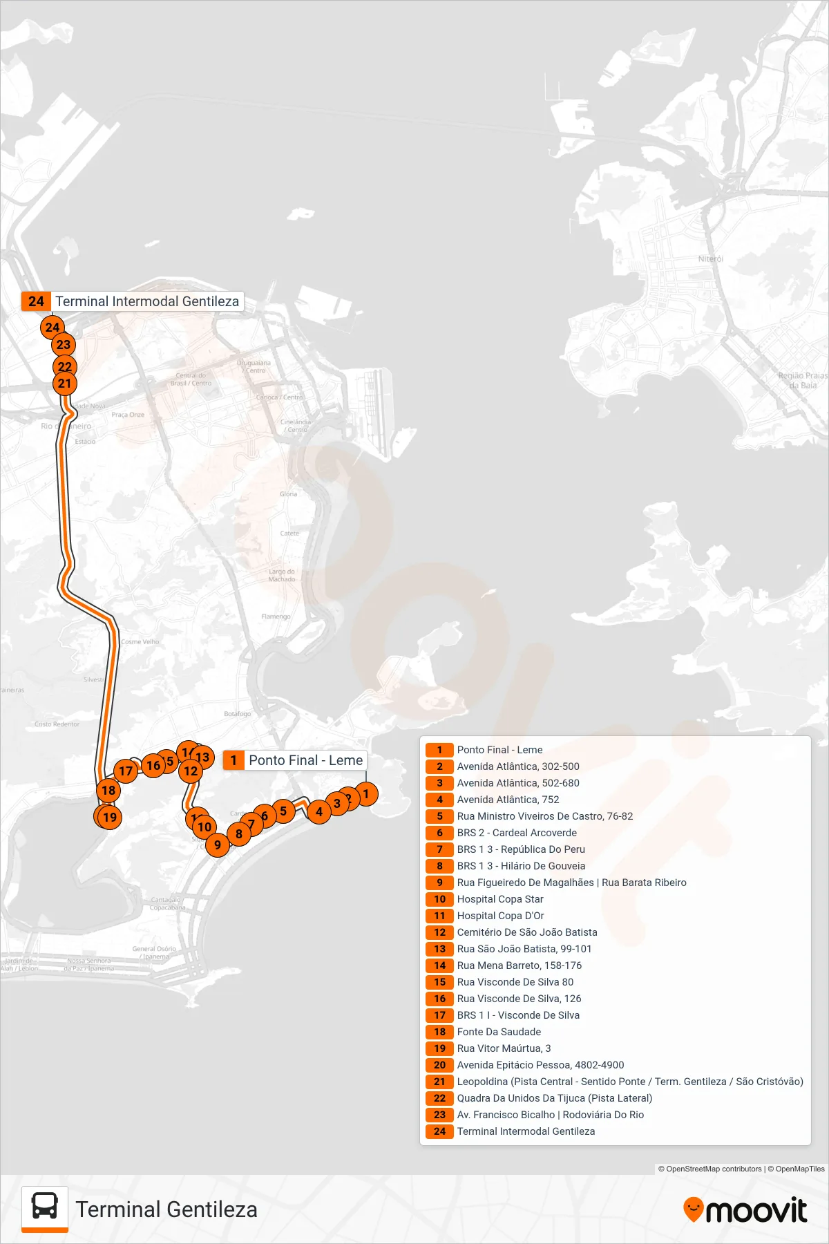 Rota e paradas da linha de ônibus 164 (Terminal Gentileza) no mapa