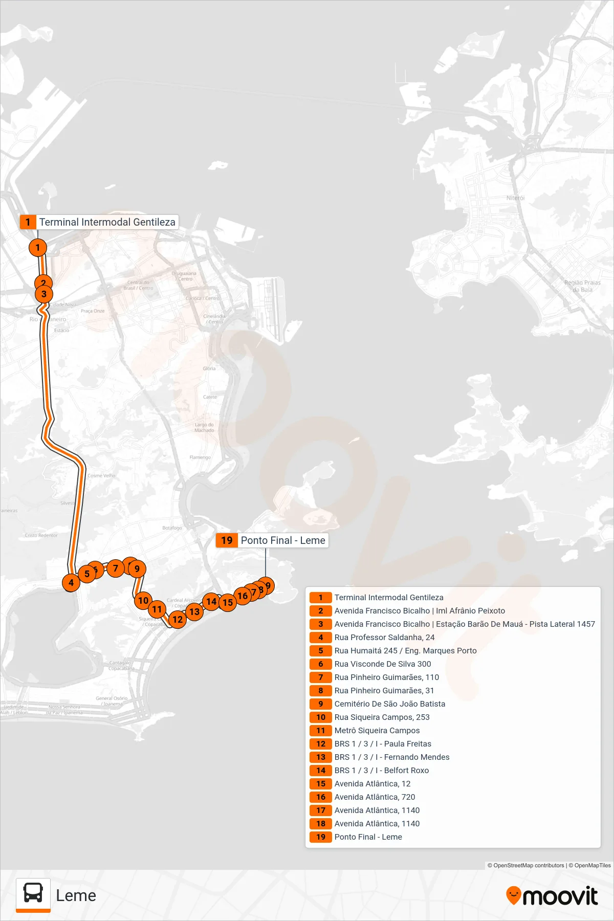 Rota e paradas da linha de ônibus 164 (Leme) no mapa