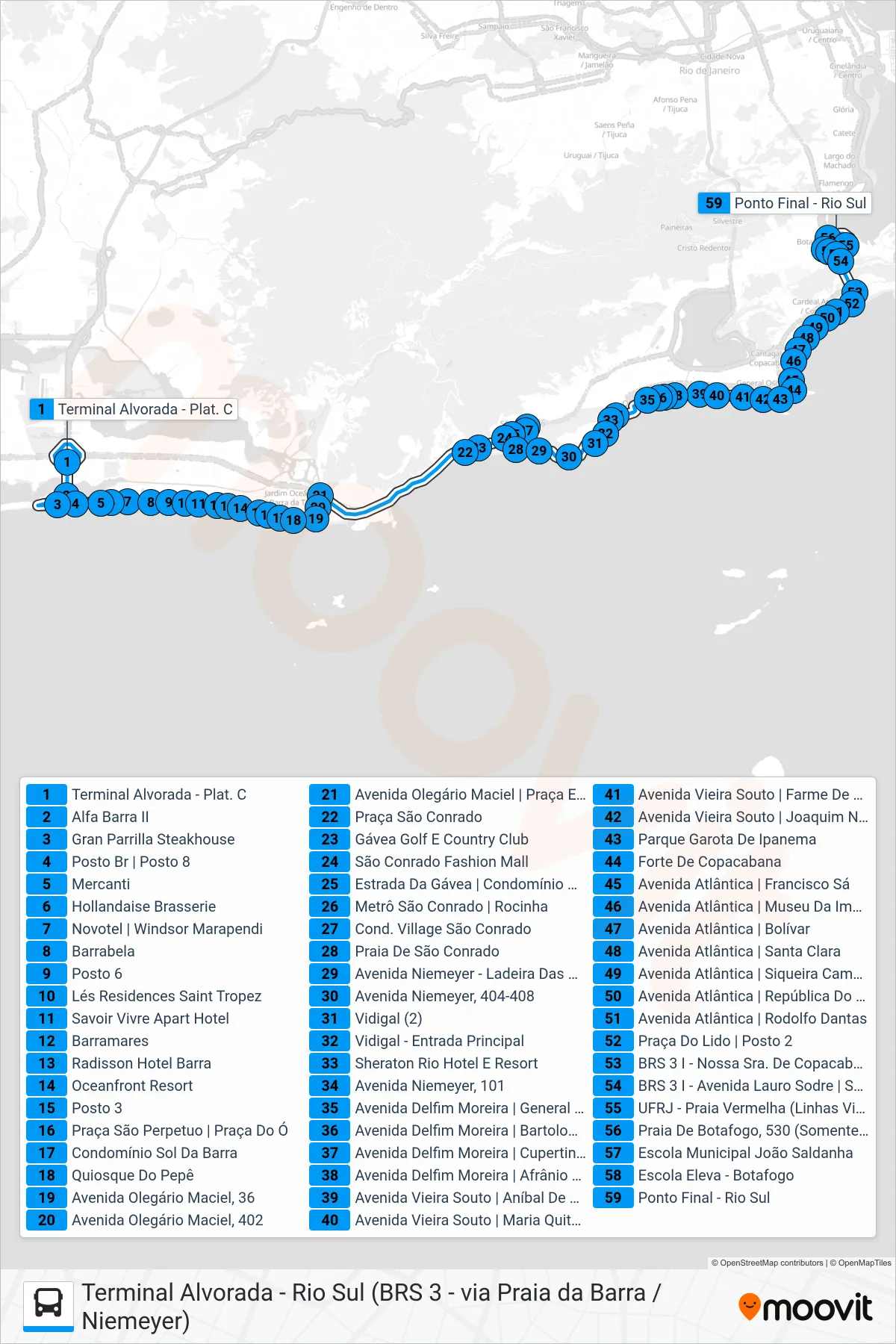 552 bus Line (Rio Sul) route and stops on a map