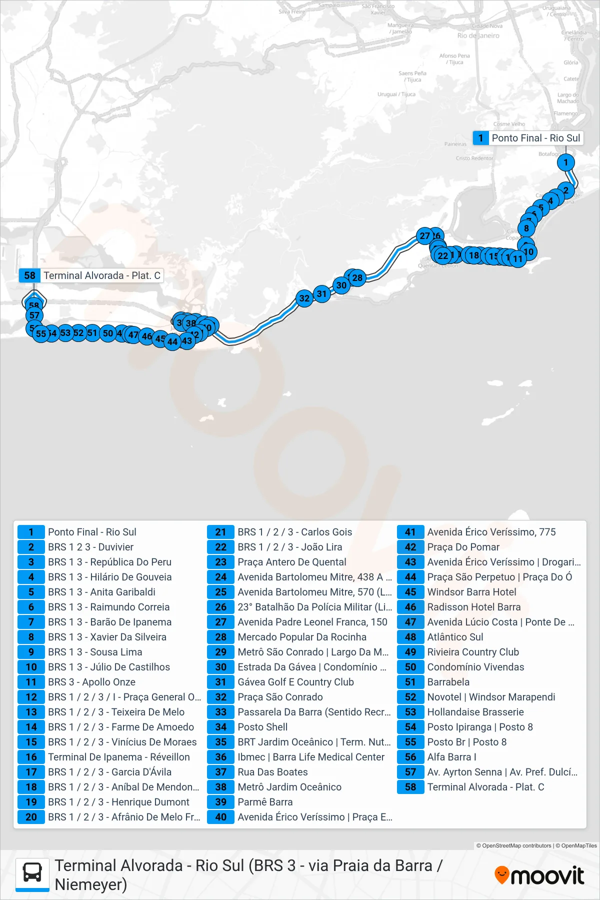 Rota e paradas da linha de ônibus 552 (Alvorada (Via Barata Ribeiro / Bartolomeu Mitre)) no mapa