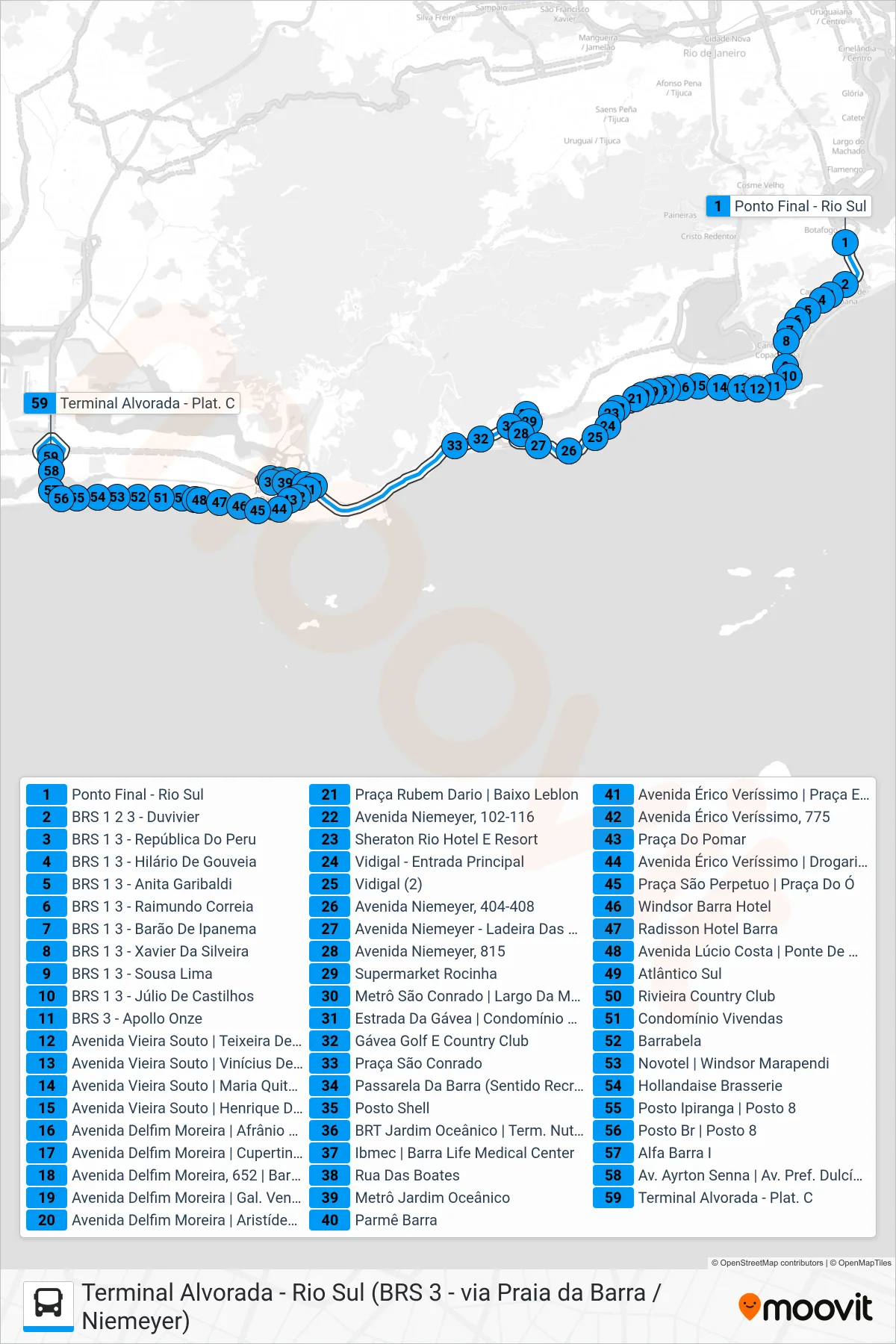 Rota e paradas da linha de ônibus 552 (Alvorada (Via Barata Ribeiro)) no mapa