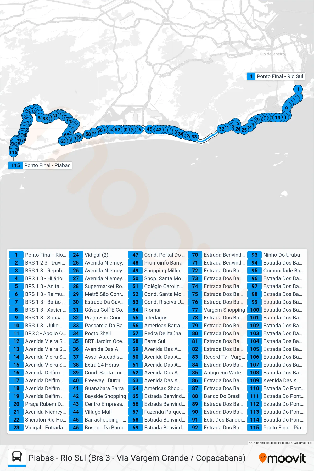 Rota e paradas da linha de ônibus 554 (Piabas (Via Barata Ribeiro)) no mapa
