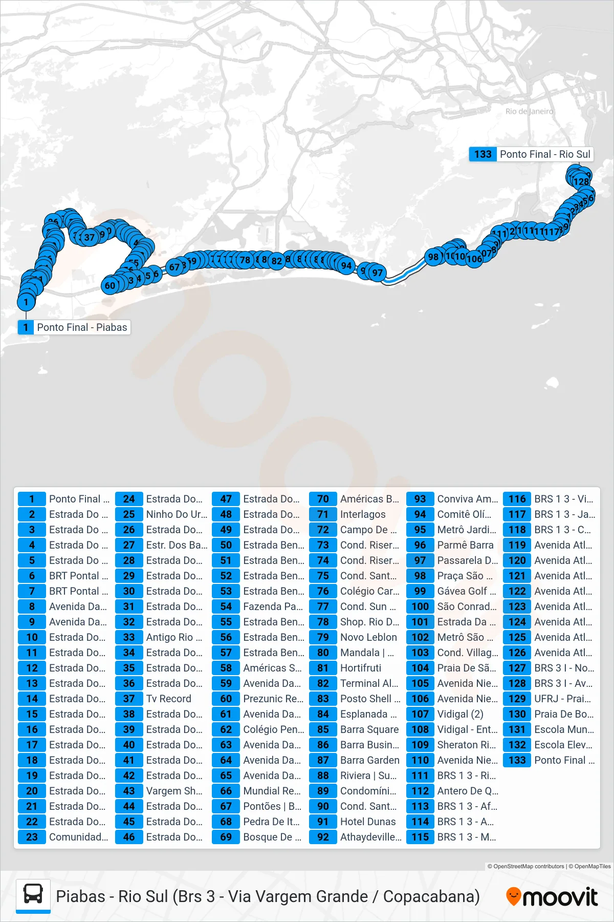 Rota e paradas da linha de ônibus 554 (Rio Sul (Via Visconde De Pirajá)) no mapa