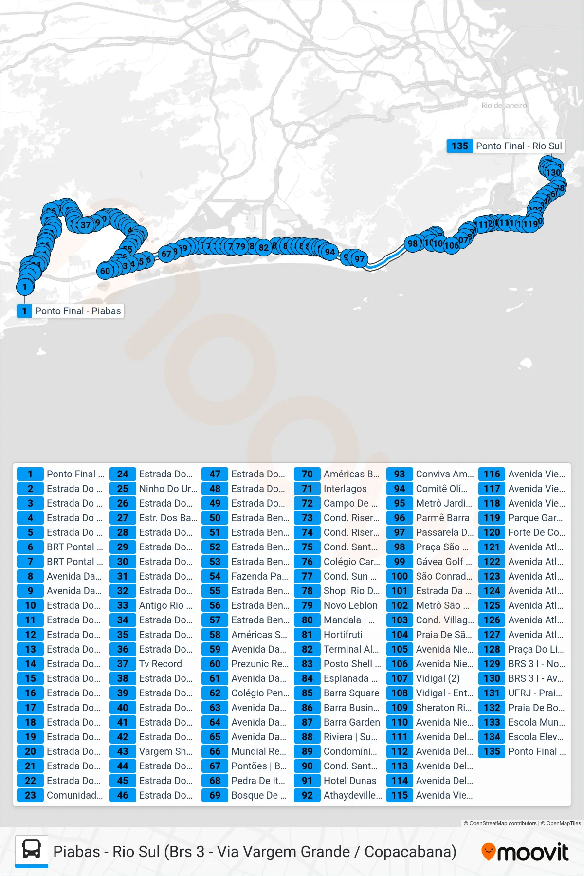 Rota e paradas da linha de ônibus  554  (Rio Sul) no mapa
