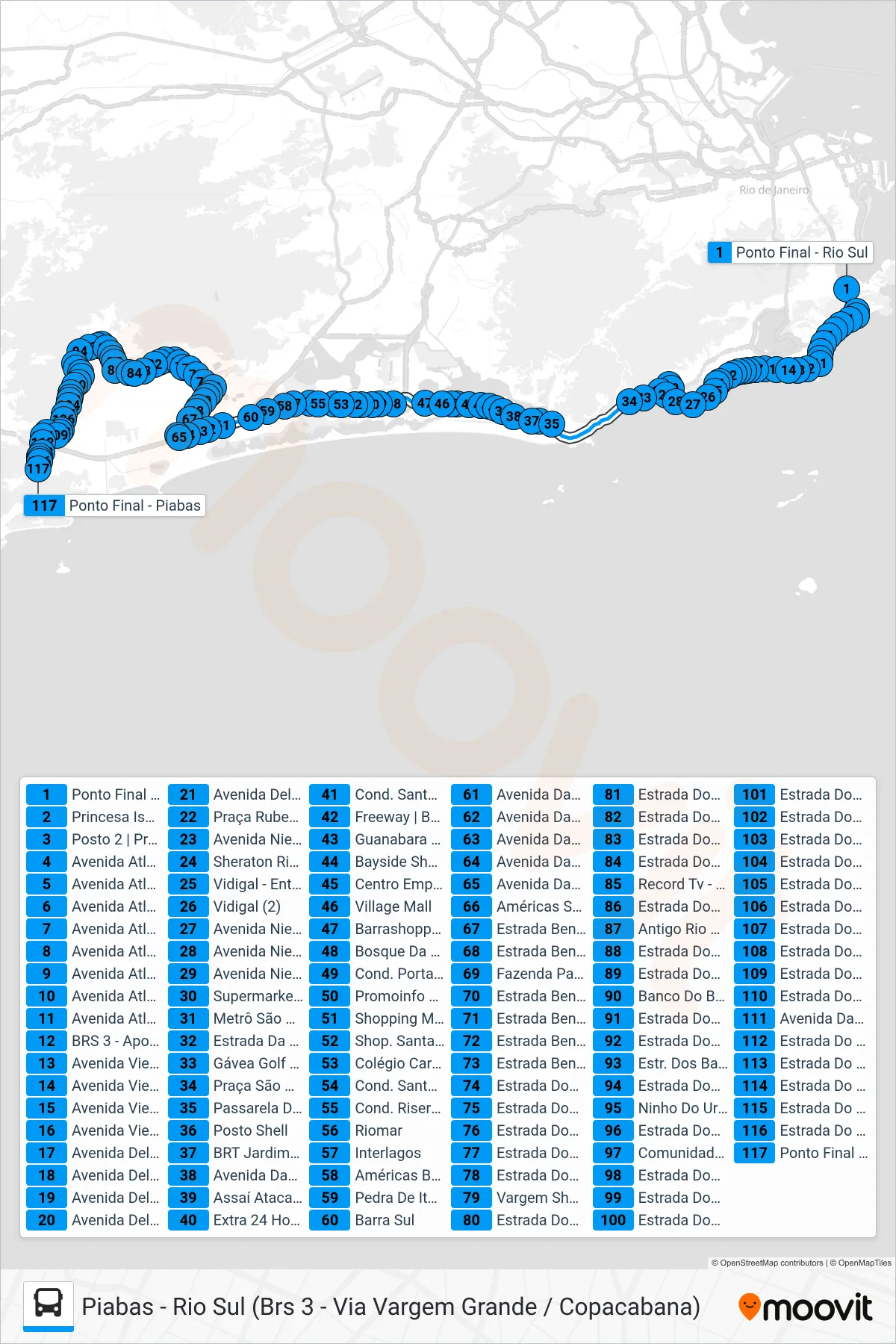 Rota e paradas da linha de ônibus 554 (Piabas) no mapa