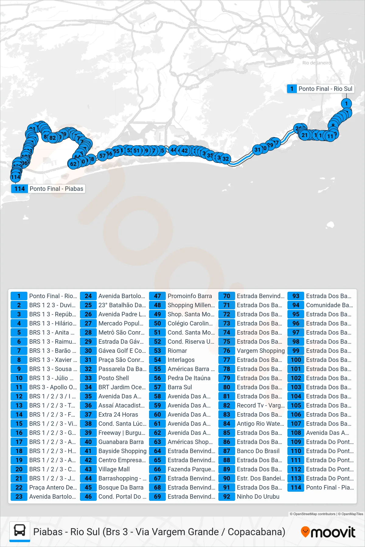 Rota e paradas da linha de ônibus 554 (Piabas (Via Barata Ribeiro / Bartolomeu Mitre)) no mapa