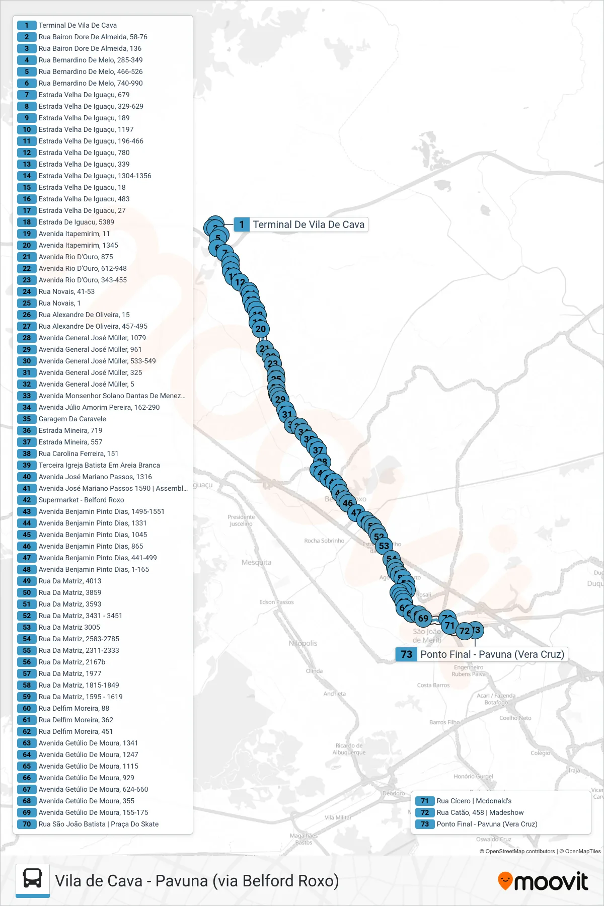 Rota e paradas da linha de ônibus 424I (Pavuna) no mapa