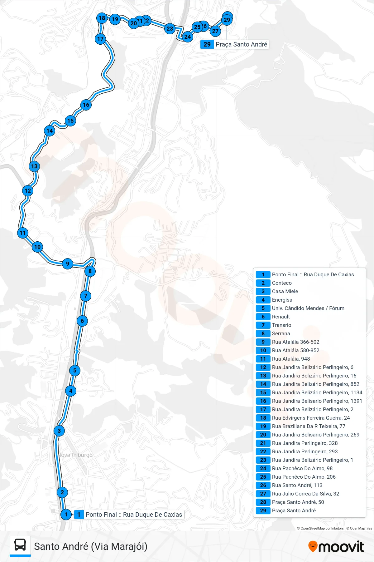 Rota e paradas da linha de ônibus 18-B (Santo André) no mapa
