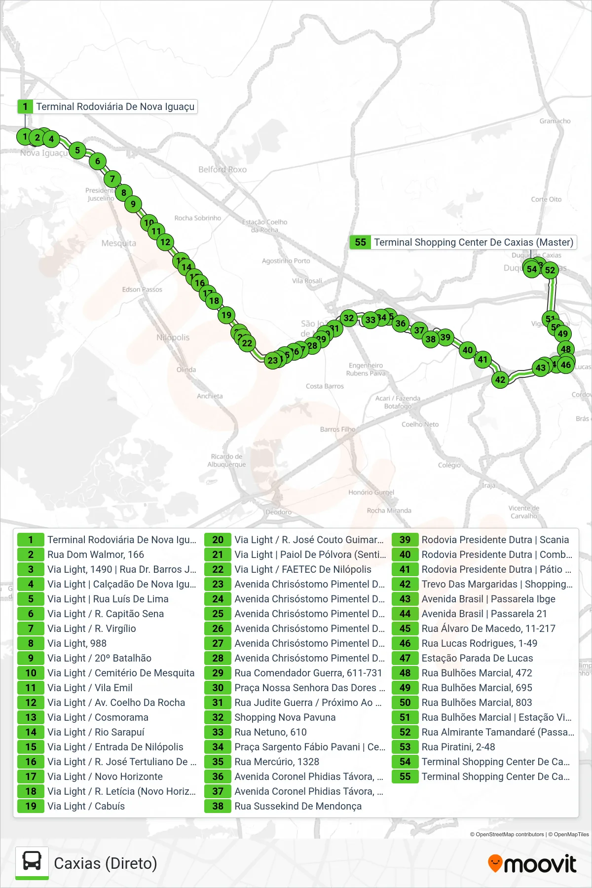 131I bus Line (Caxias (Direto)) route and stops on a map