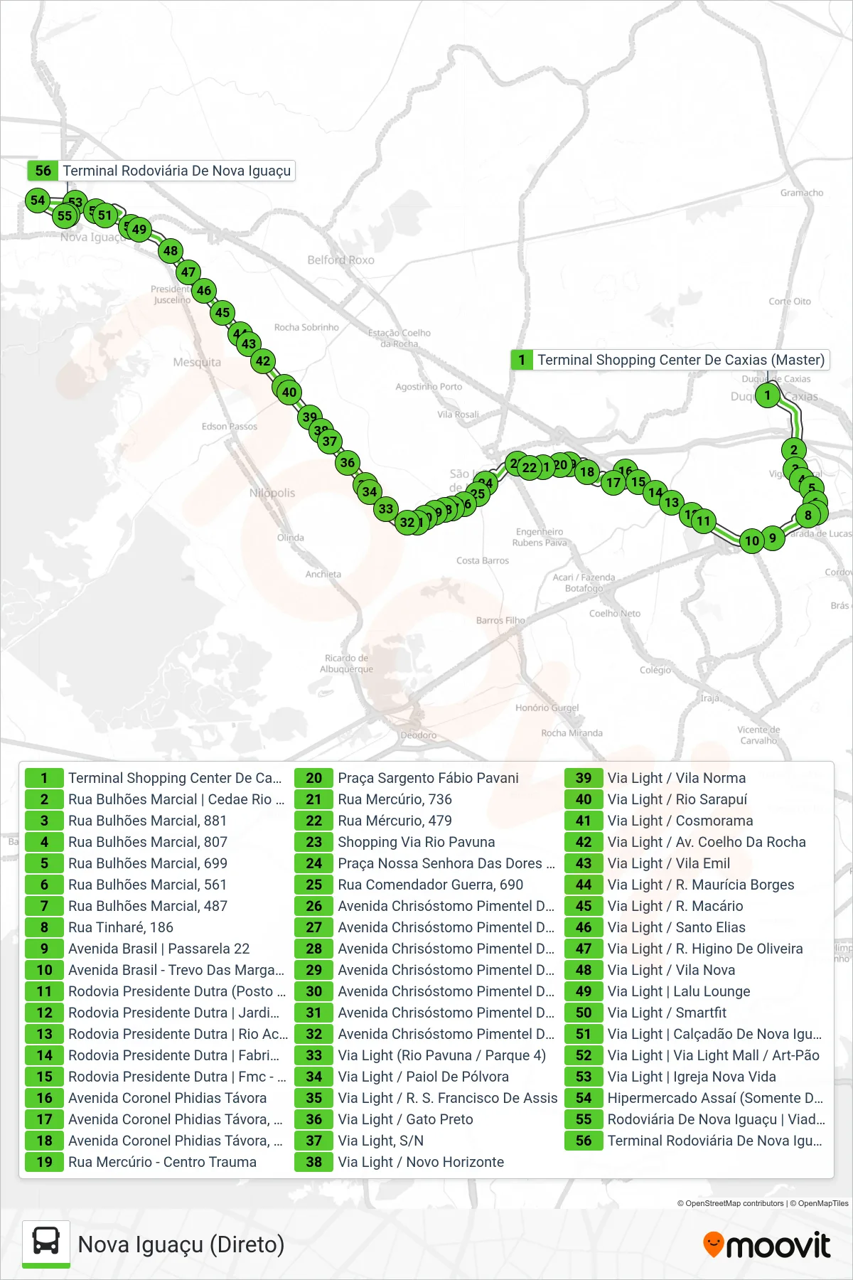 Rota e paradas da linha de ônibus 131I (Nova Iguaçu (Direto)) no mapa