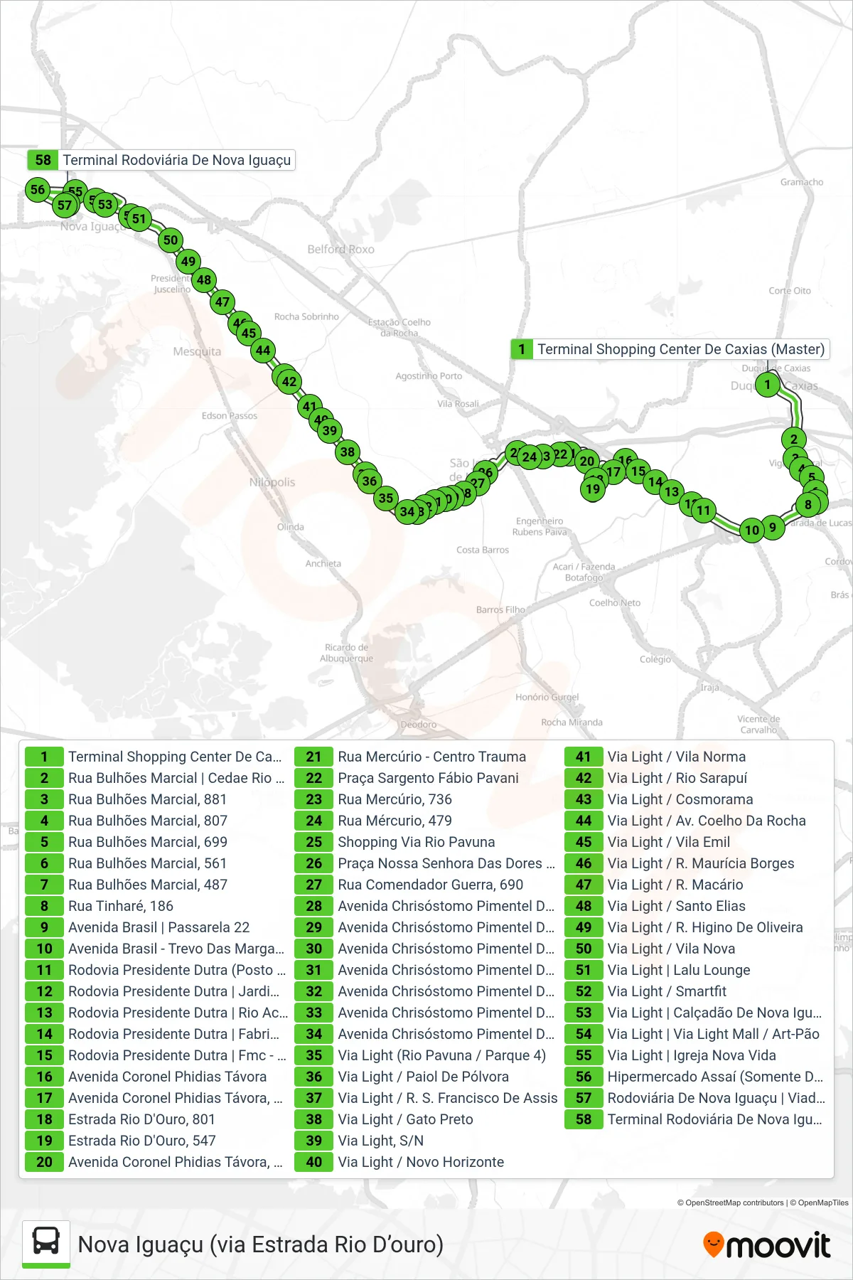 Rota e paradas da linha de ônibus 131I (Nova Iguaçu (via Estrada Rio D’ouro)) no mapa