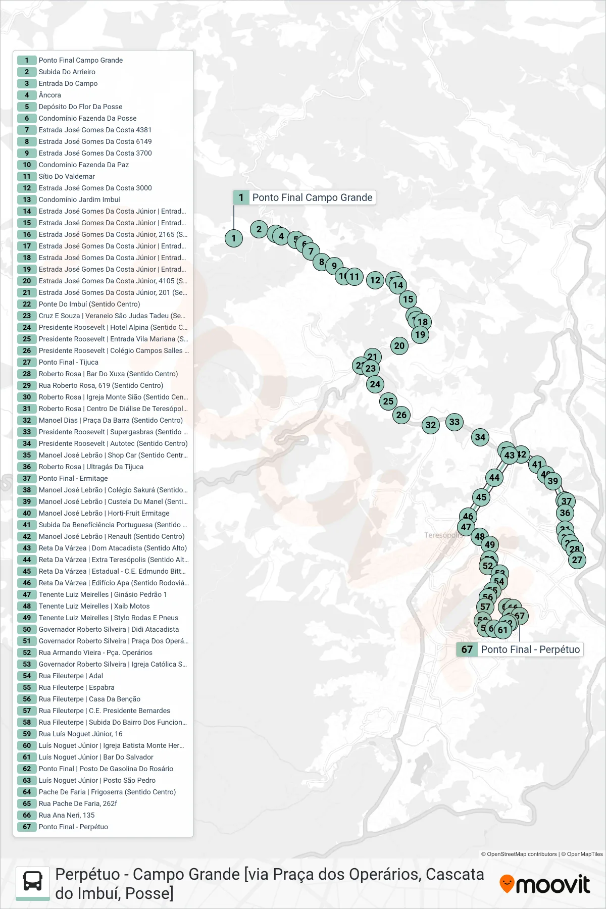 Rota e paradas da linha de ônibus  P01  (Perpétuo [Via Praça Dos Operários]) no mapa