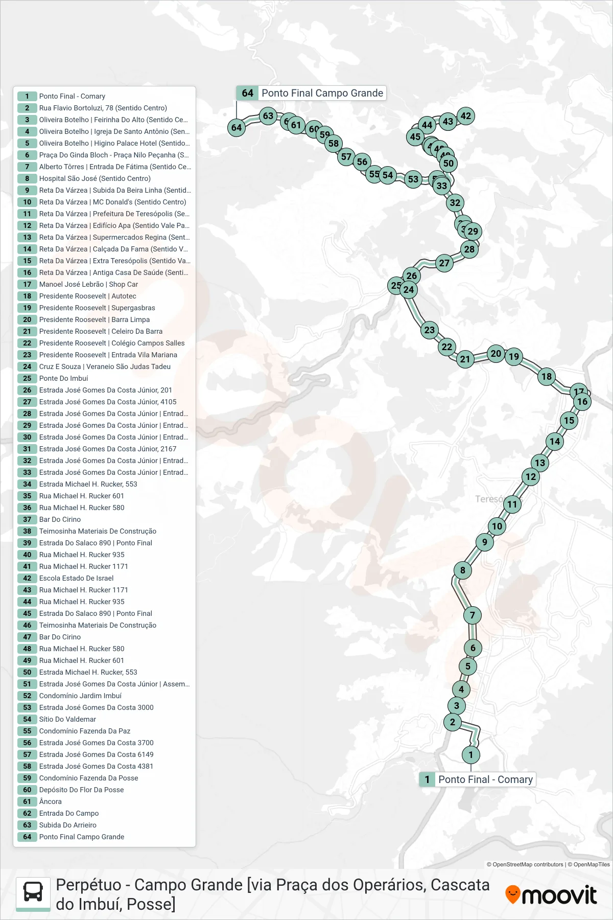 Rota e paradas da linha de ônibus  P01  (Campo Grande [Via Casc. Imbui, Salaco]) no mapa